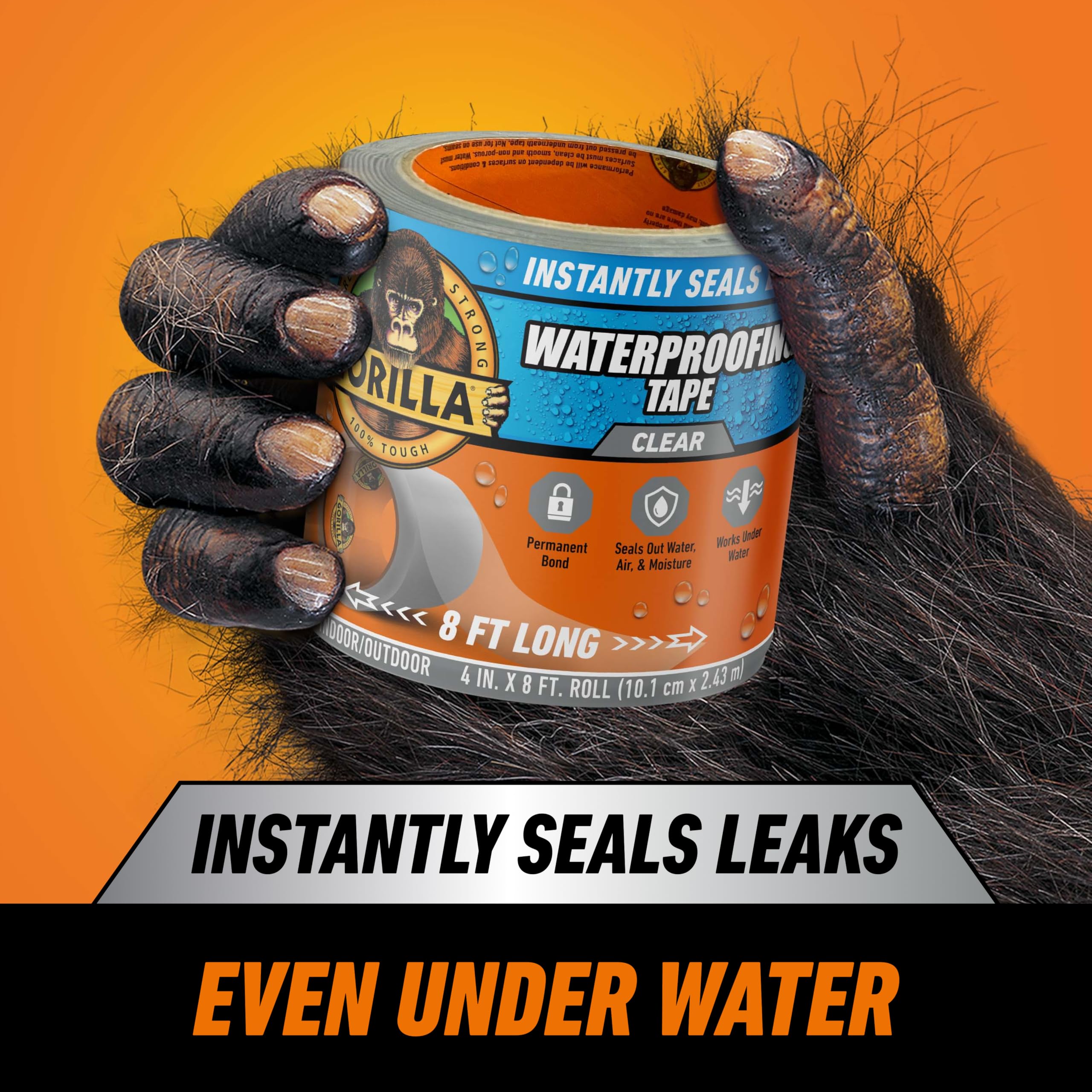 Gorilla Waterproof Patch & Seal Tape, Heavy-Duty, Instantly Seals, Works Underwater, Indoor/Outdoor, Flexible Permanent Bond, 4 in x 8 ft, Clear, 1 Pack
