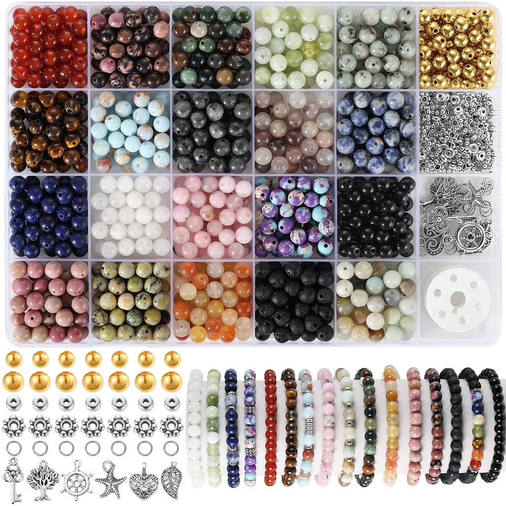 Zefy 996 Pcs 6mm Natural Stone Beads, Round Crystal Bead Genuine Real Stones, Gemstone Beads Kit with Spacer Bead Charms for Bracelets Jewelry Making (20 Colors)