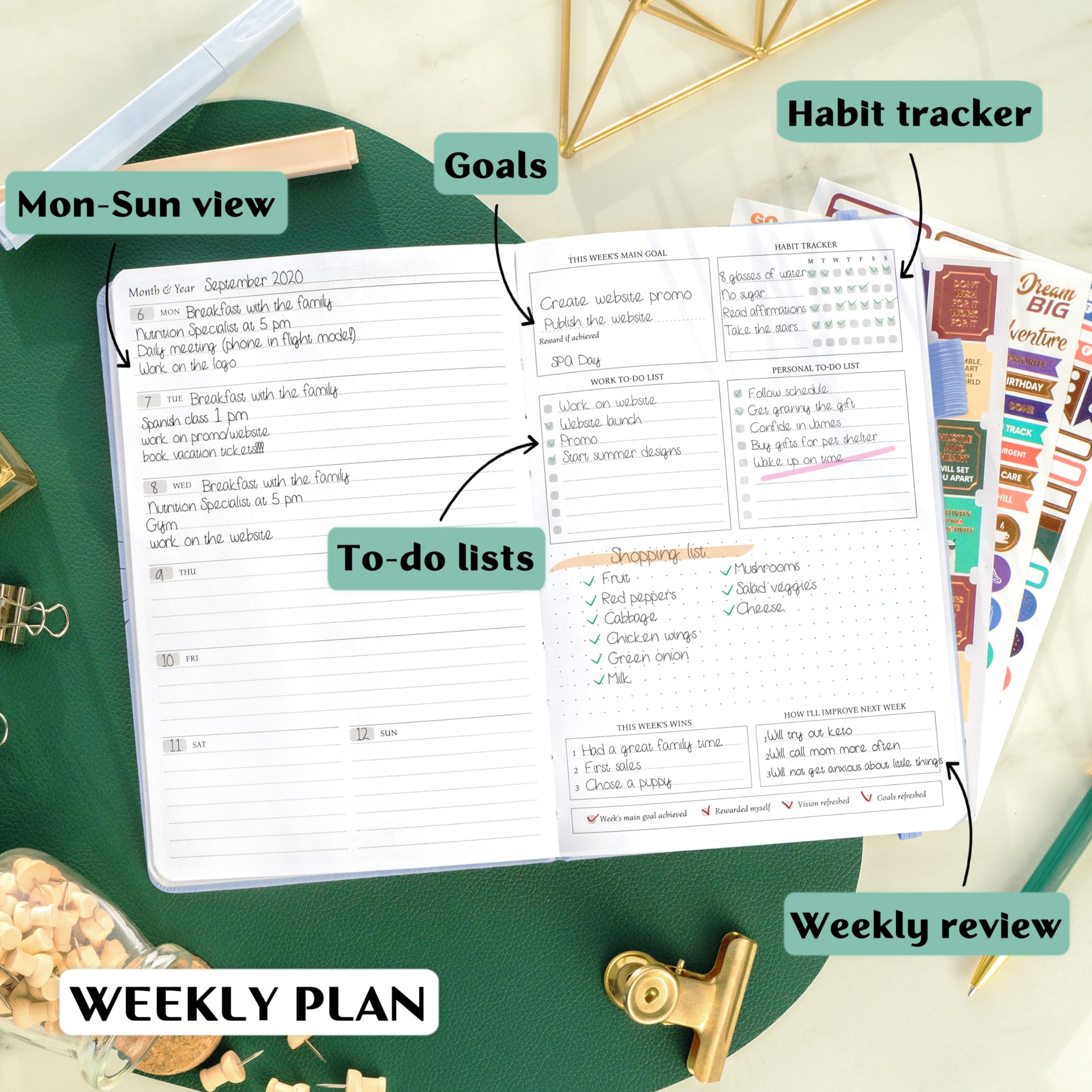 Legend Planner – Deluxe Weekly & Monthly Life Planner to Hit Your Goals & Live Happier. Organizer Notebook & Productivity Journal. A5 Hardcover, Undated – Start Any Time + Stickers – Periwinkle