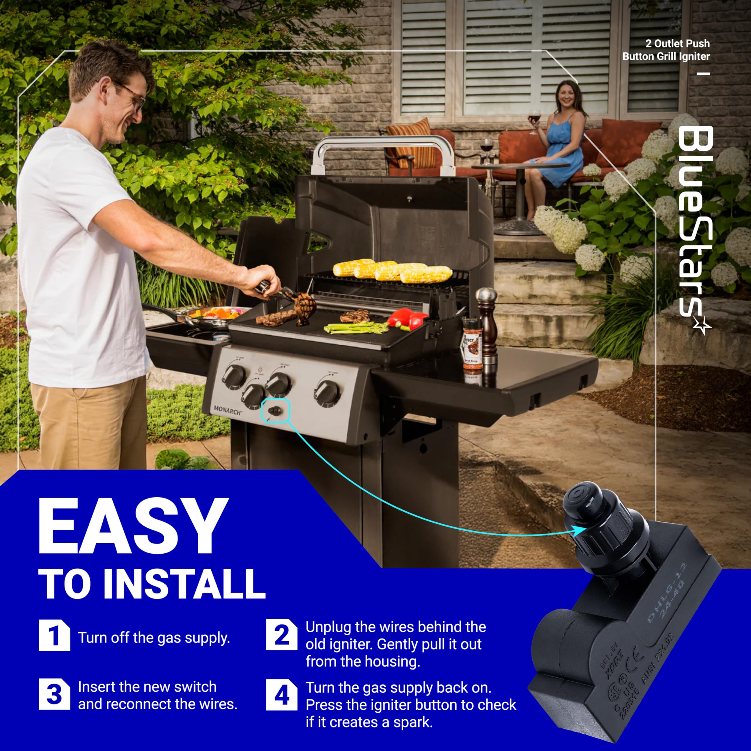 BlueStars DHLG-12 2 Outlet Push Button Grill Ignitor - Spark Generator for Broil King, Broil-Mate, Charbroil, Kenmore, Nexgrill, Jackson, Sterling, Perfect Flame Electronic Igniter