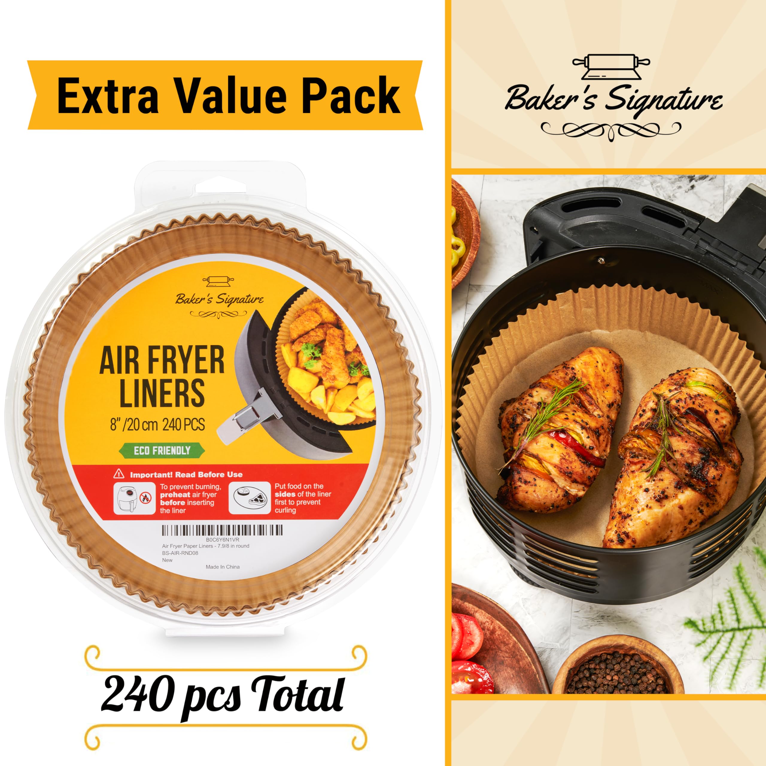 Baker's Signature Air Fryer Parchment Paper Liner, 250 Pcs - Disposable 8" Round Air Fryer Liners Compatible with Up to 5.7 qt Baskets - Unbleached, Non-Stick Paper Liners, Oil Proof for Easy Cleanup