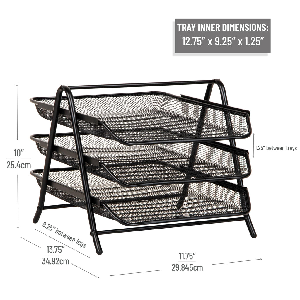 Mind Reader 3-Tier Paper Tray, Desktop Organizer, File Storage, Workspace, Office, Metal Mesh, 29.8L x 34.9W x 25.4Hcm, Black