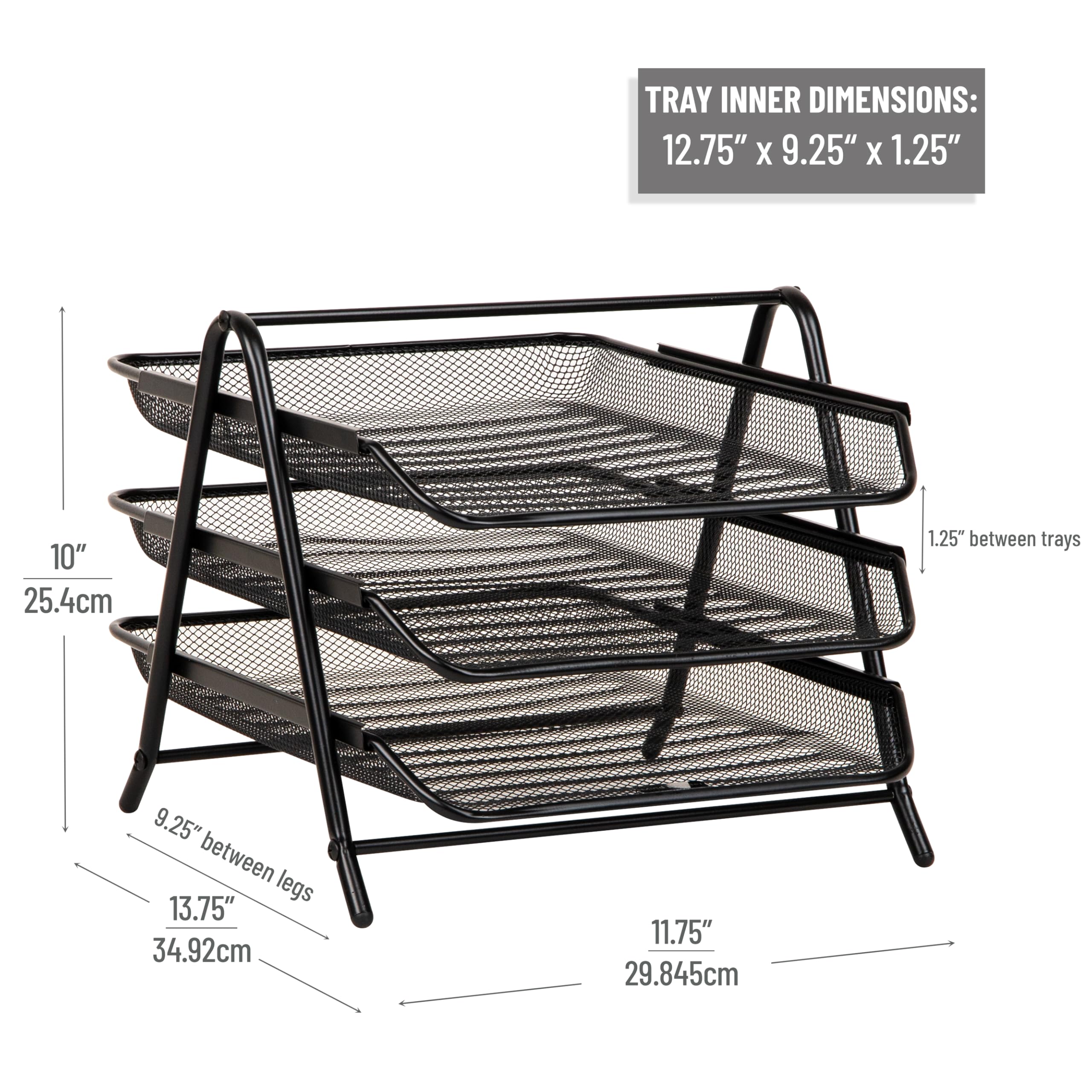 Mind Reader 3-Tier Paper Tray, Desktop Organizer, File Storage, Workspace, Office, Metal Mesh, 29.8L x 34.9W x 25.4Hcm, Black