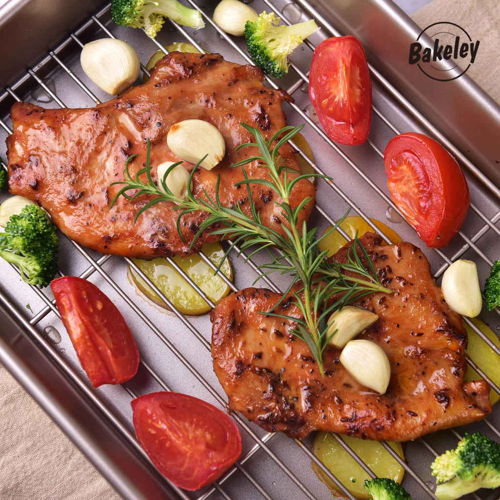 Bakeley 13-inch Baking Sheet Pan with Rack, Non-Stick Rectangular Deep Dish (1 Pan + 1 Rack), Oven-BBQ Bakeware for Oven Baking 13.78" x 9.84" x 2.36" (Champagne Gold)