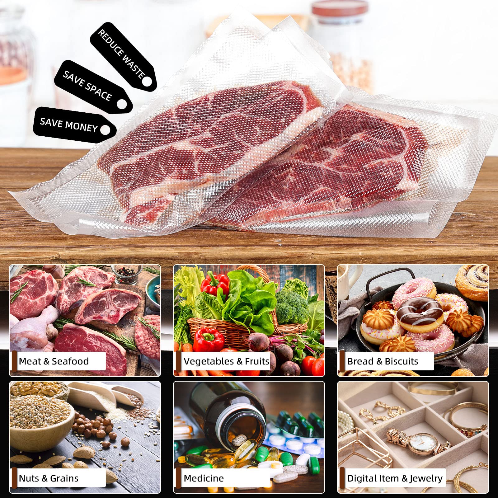 Vacuum Sealer Bags 100 Quart 8" x 12" Food Saver Vacuum Sealer Bags Sous Vide Bags Vacuum Seal BPA Free, Commercial Grade Food Vacuum Sealer Bag Perfect for Vac Storage/Meal Prep/Sous Vide