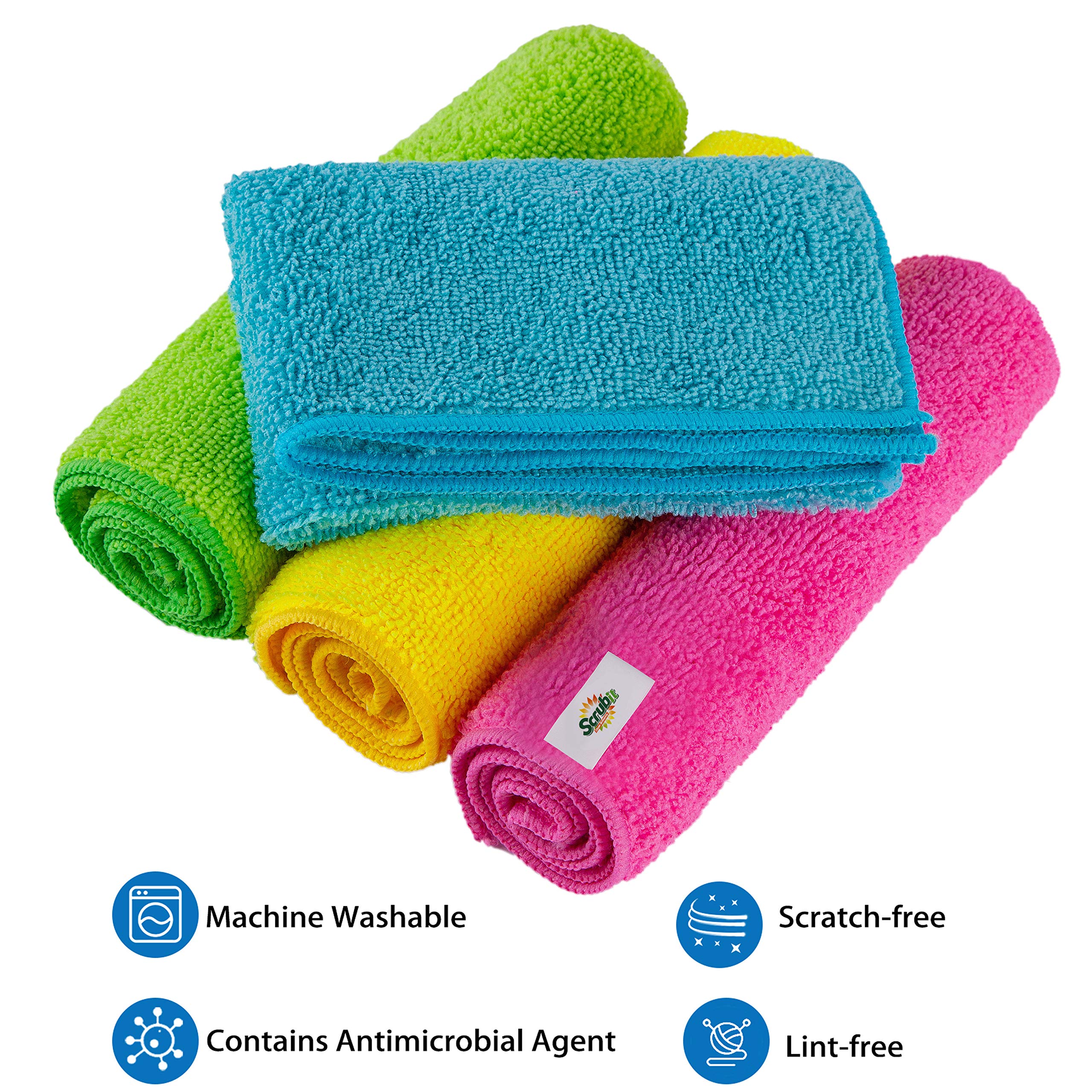 SCRUBIT Microfiber Cleaning Cloth Lint Free Towels for House, Kitchen, Cars, Windows -Ultra Absorbent and Super Soft Wash Cloths (12 Pack)