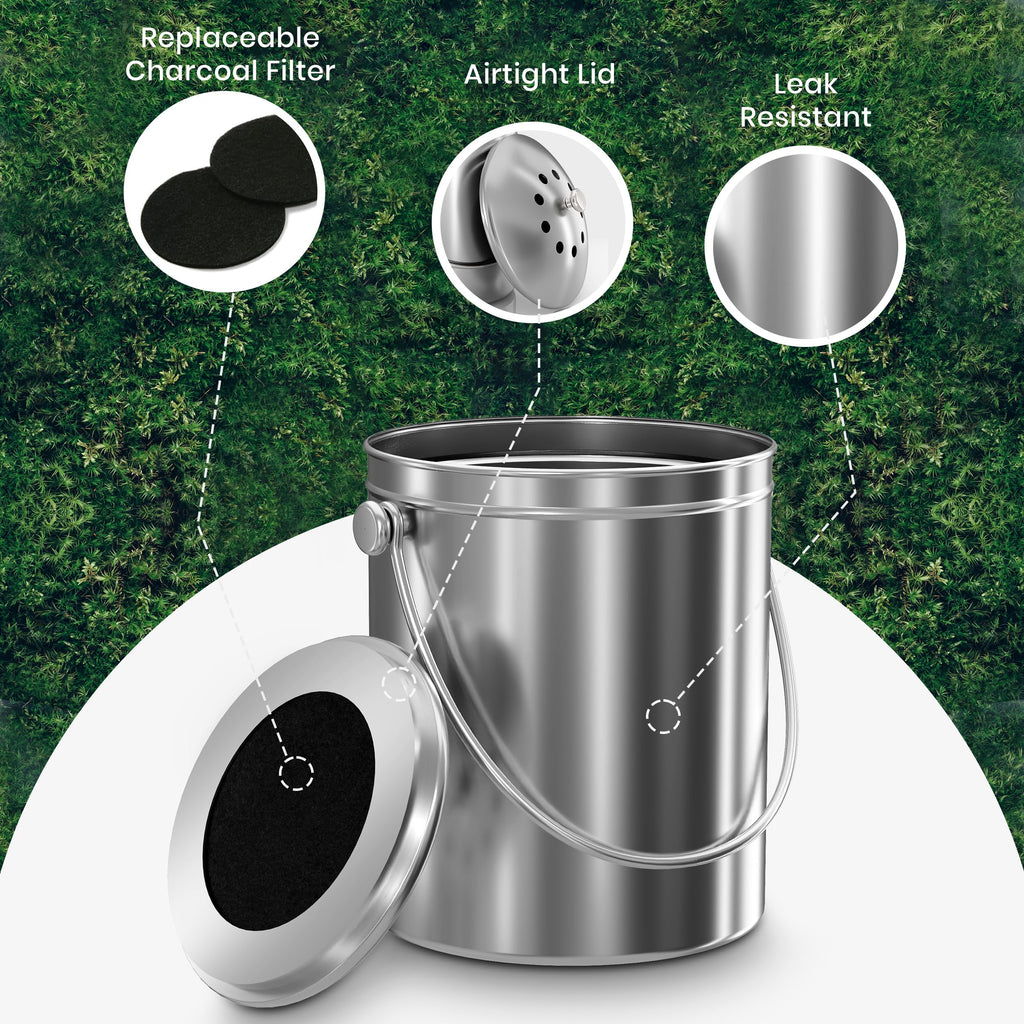 KICHLY Compost Bin, Stainless Steel Bin for Kitchen Countertop, 1.3 Gallon Composting Bucket, Compost Pail with Lid, Includes 1 Spare Charcoal Filter, Silver