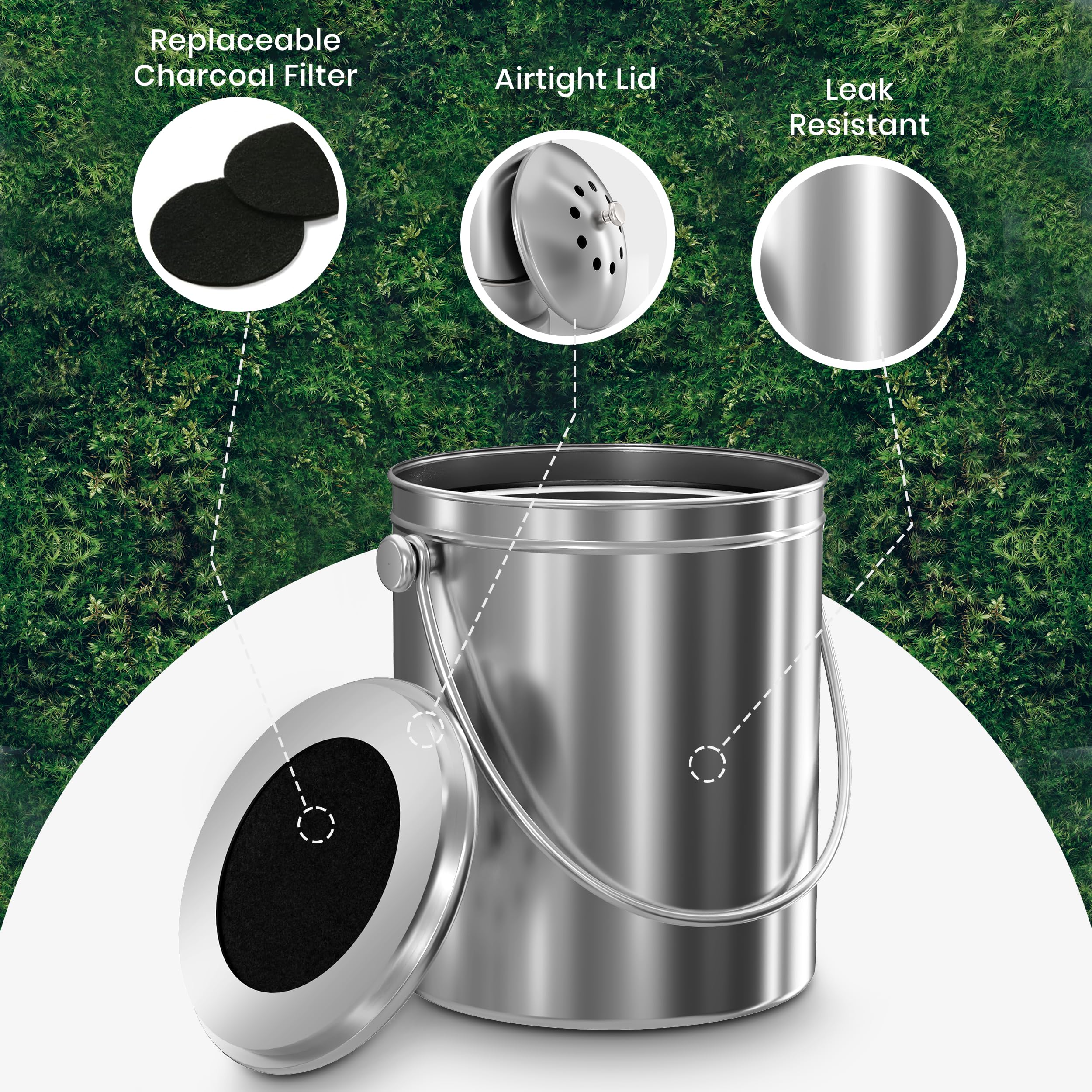 KICHLY Compost Bin, Stainless Steel Bin for Kitchen Countertop, 1.3 Gallon Composting Bucket, Compost Pail with Lid, Includes 1 Spare Charcoal Filter, Silver