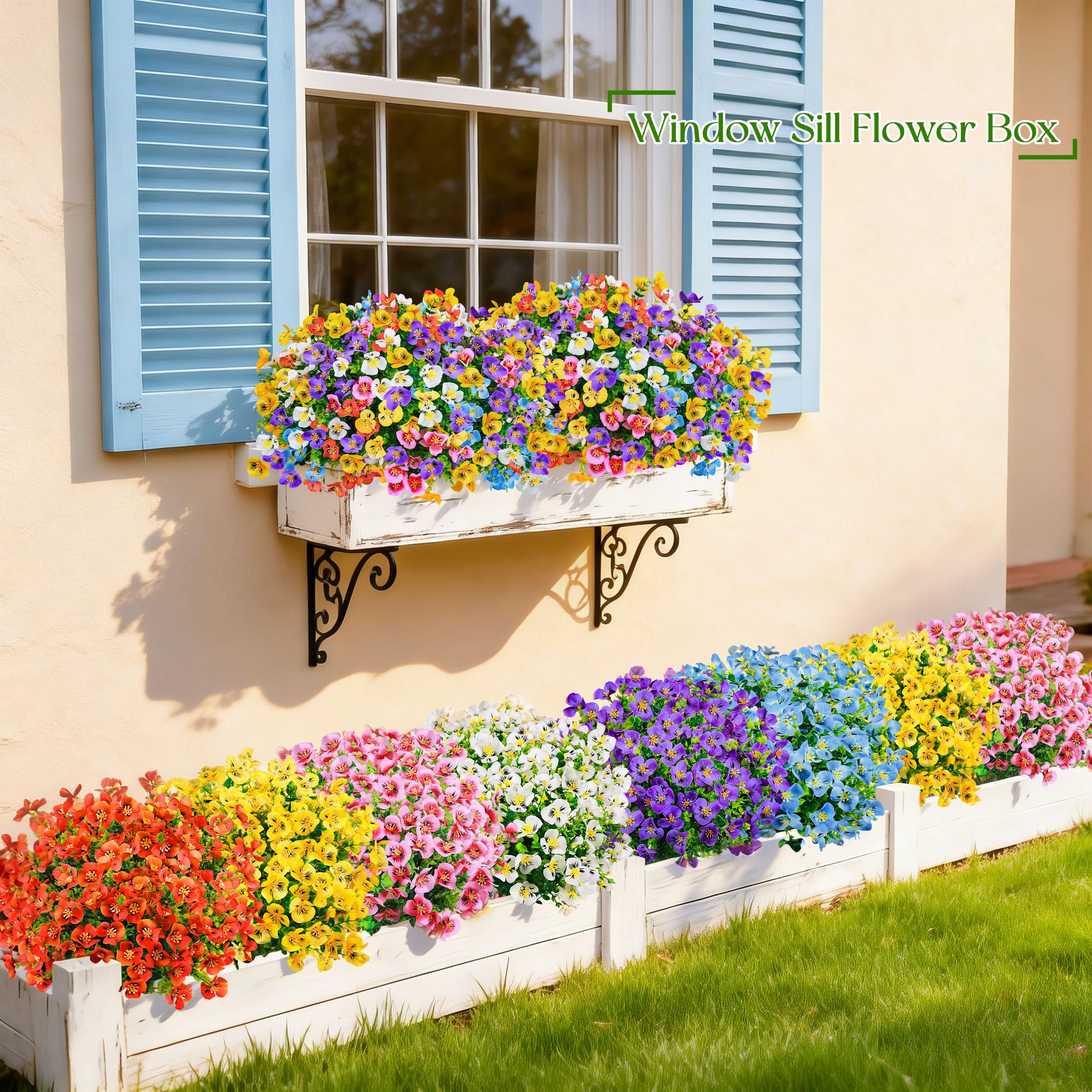 Der Rose 24 Bundles Artificial Pansy Flowers for Outdoors, UV Resistant 6 Assorted Colors Fake Pansies Spring Flowers for Planters Window Boxes Flower Beds Bulk Outdoor Garden Decor