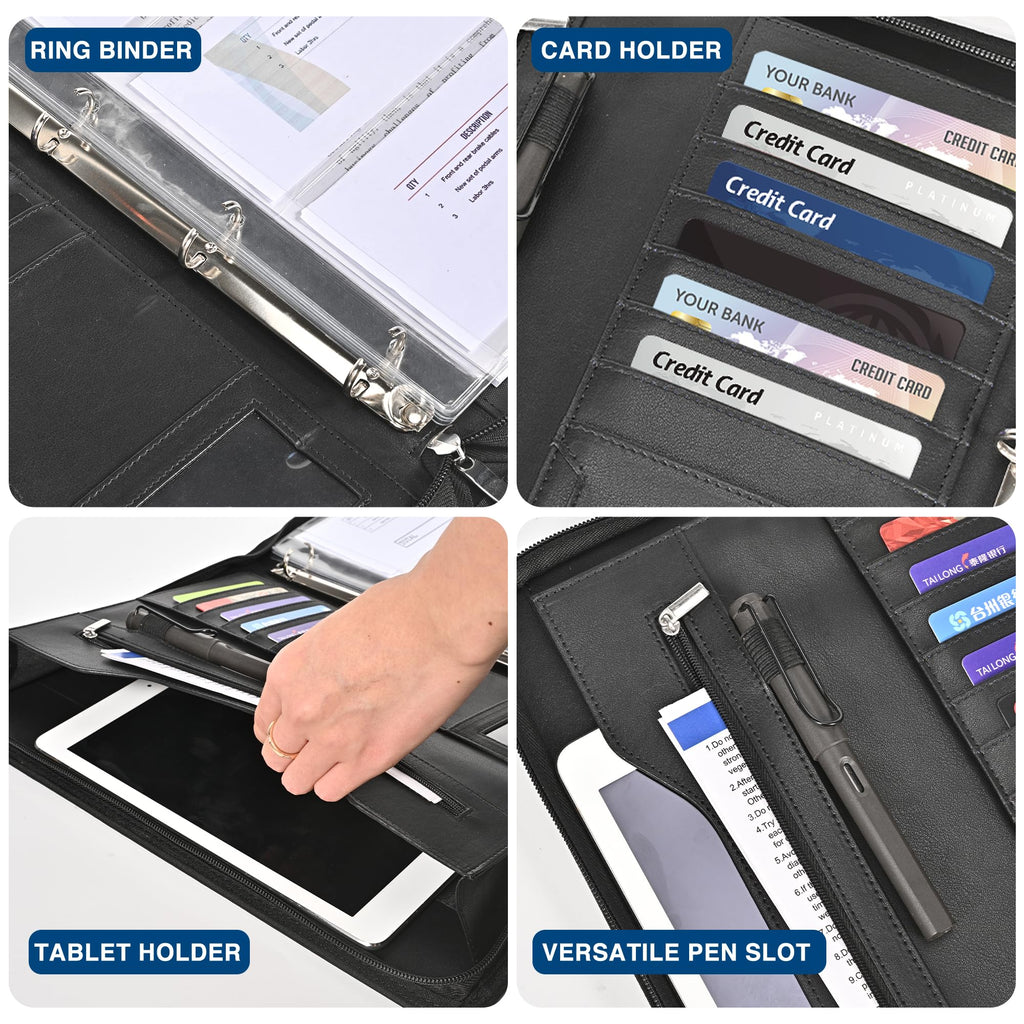 Deziliao 3-Ring Padfolio Portfolio Binder Organizer, Document Organizer Folio, 10.4 Inch PU Leather Business Portfolio with Zipper, Business Planner Notebook Organizer for Women/Men（Black） D00070