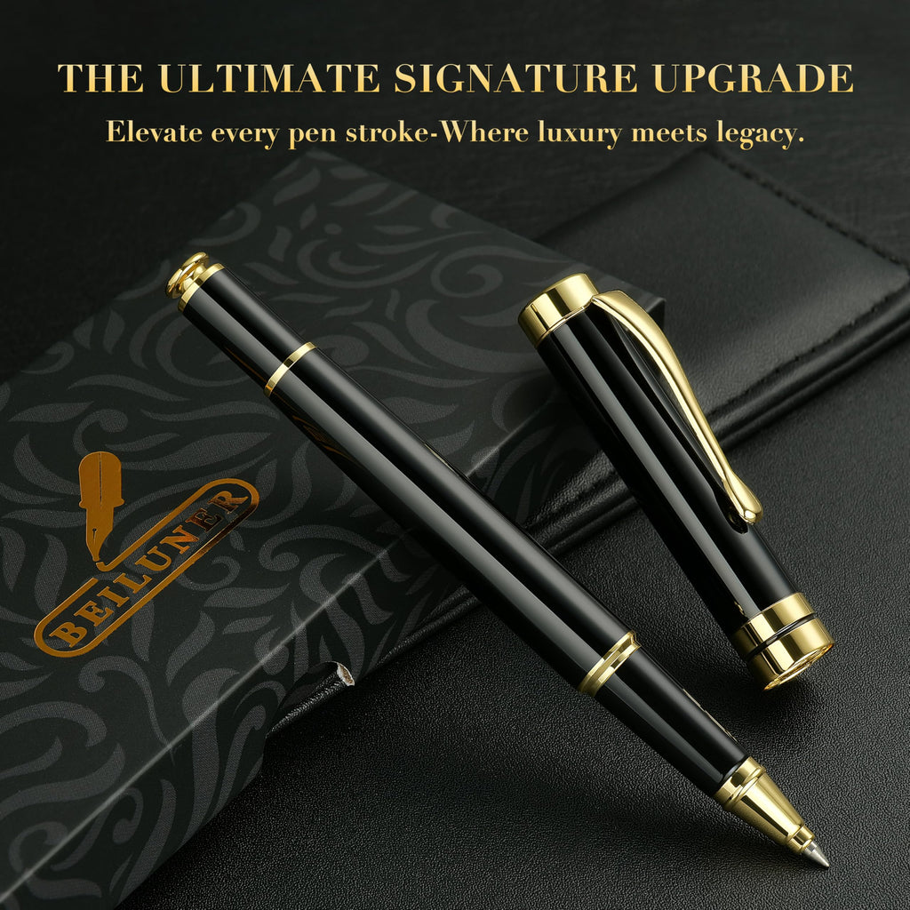 BEILUNER Ballpoint Pens, Stunning Black Chrome Metal Pen with Golden Trim, Best Ball Pen Gift Set for Men & Women, Professional, Executive, Office, Nice Pens-Gift Box with 0.5mm Black Extra Refill