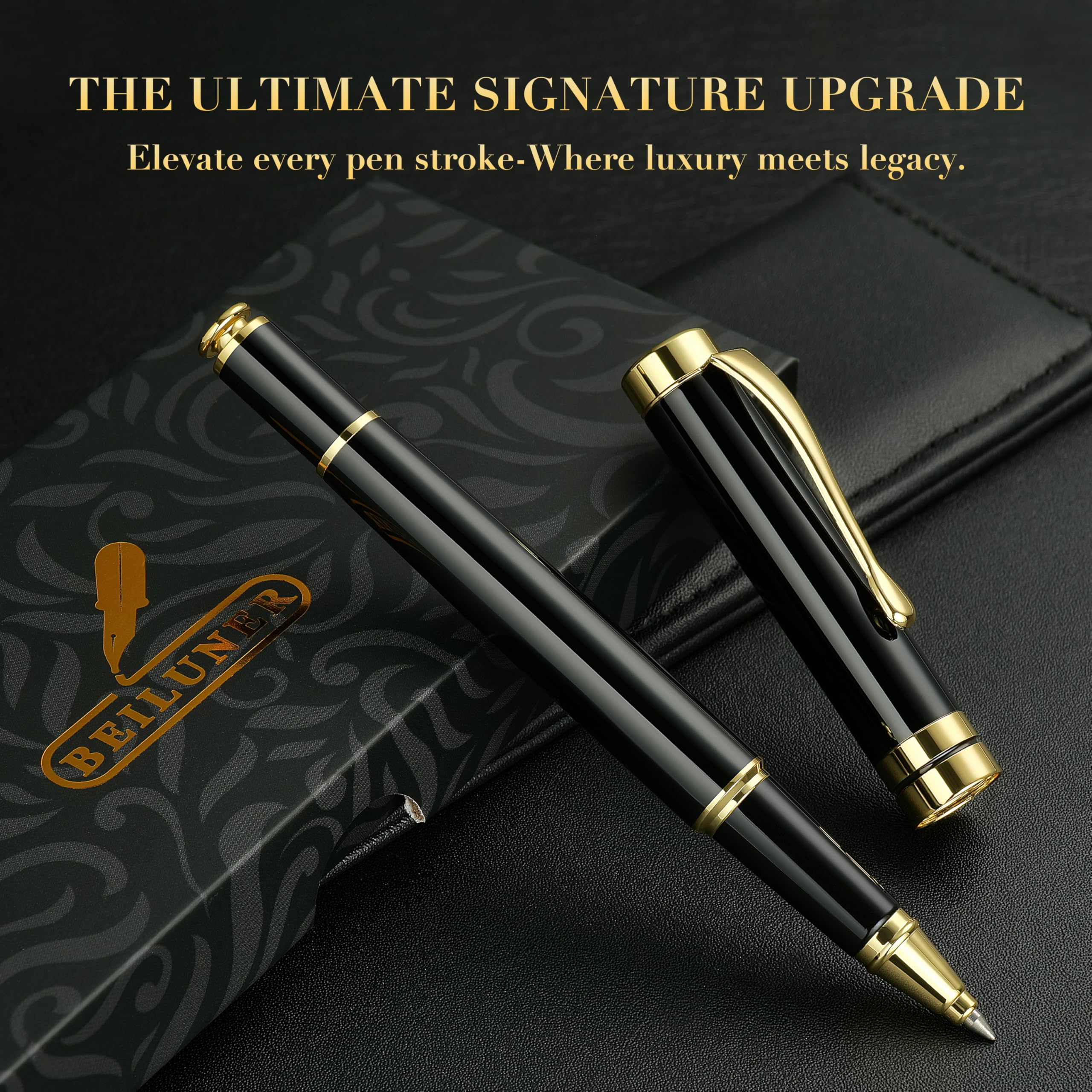 BEILUNER Ballpoint Pens, Stunning Black Chrome Metal Pen with Golden Trim, Best Ball Pen Gift Set for Men & Women, Professional, Executive, Office, Nice Pens-Gift Box with 0.5mm Black Extra Refill