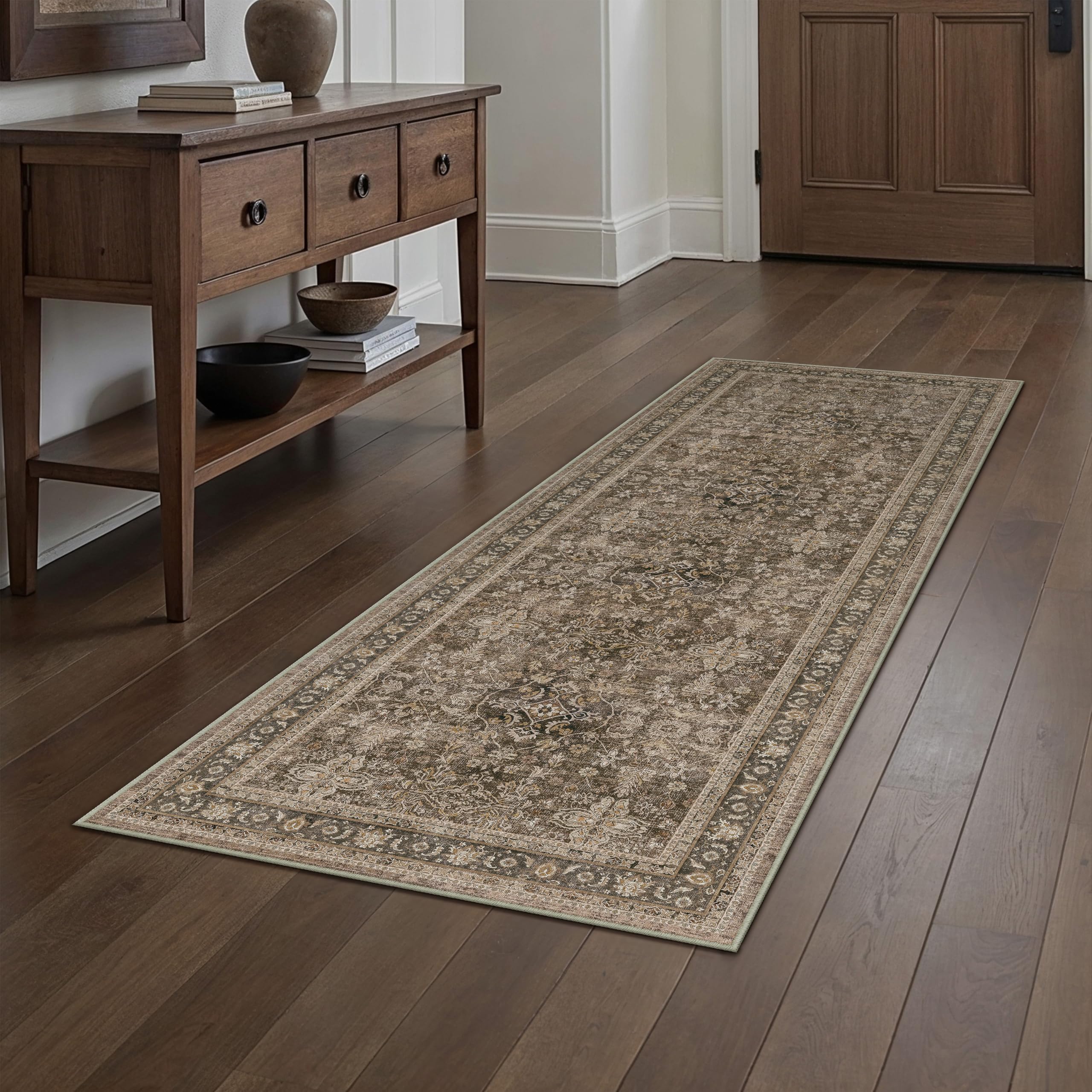 PureCozy Runner Rug 2x6 Brown Hallway Washable Kitchen Vintage Carpet Non Slip Long Indoor Bedroom Retro Traditional Beige Accent Throw Rug for Bathroom Office Entryway Laundry Dining