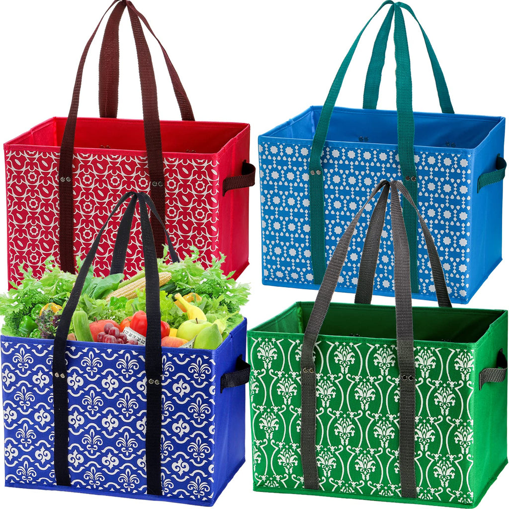 WUWEOT 4 Pack Reusable Grocery Bags, Large Shopping Box Tote, Foldable Washable Storage Bins with Reinforced Bottom Heavy Duty Handles for Fruit Vegetable Clothes Toys and Picnic