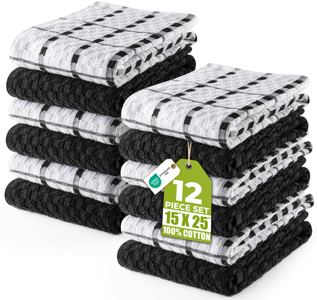 Utopia Towels Kitchen Towels, 12 Pack, 15 by 25 Inches, Dobby Weave, 100% Ring Spun Cotton, Super Soft and Absorbent Dish, Tea, and Bar Towels, Black