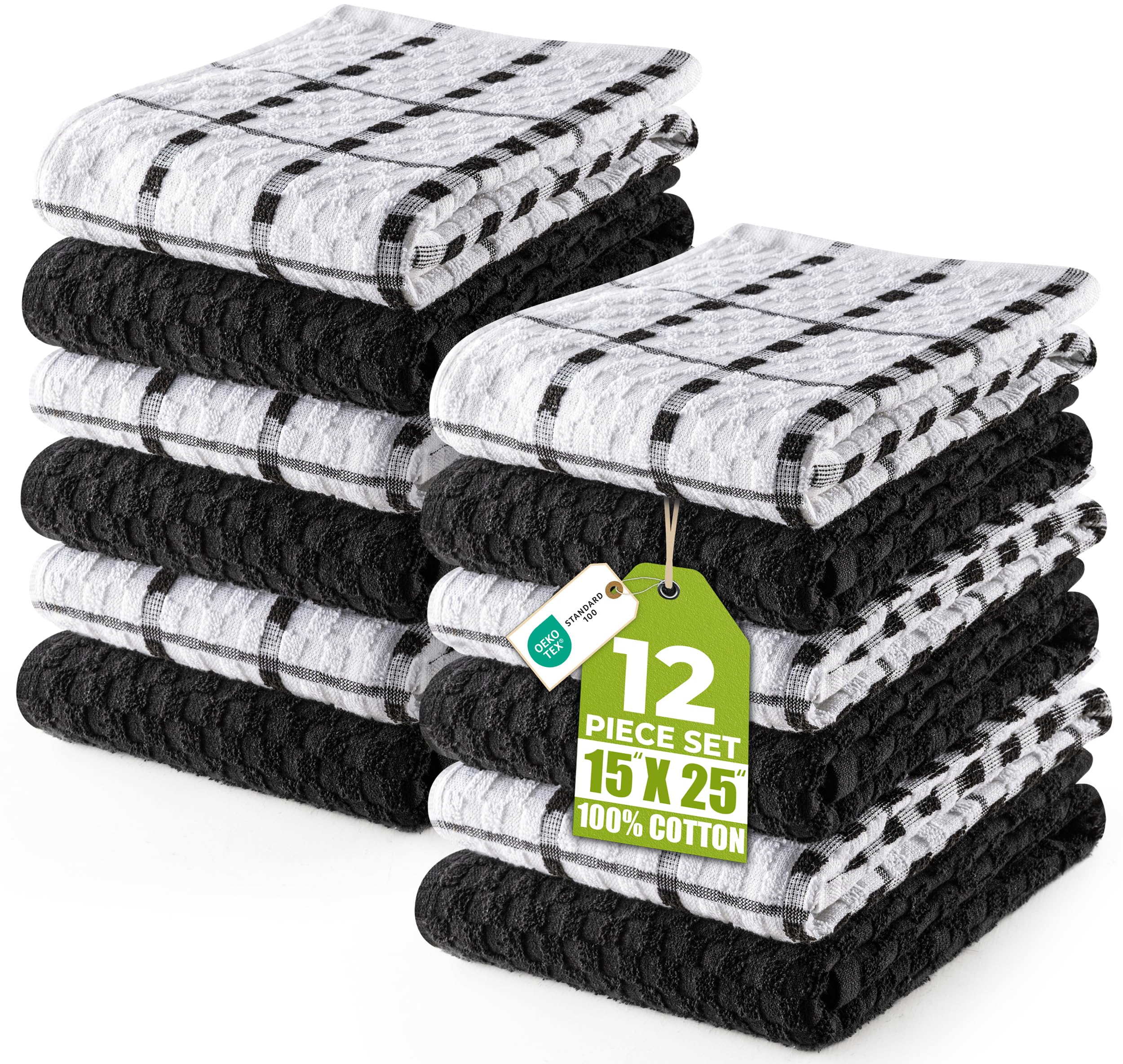 Utopia Towels Kitchen Towels, 12 Pack, 15 by 25 Inches, Dobby Weave, 100% Ring Spun Cotton, Super Soft and Absorbent Dish, Tea, and Bar Towels, Black