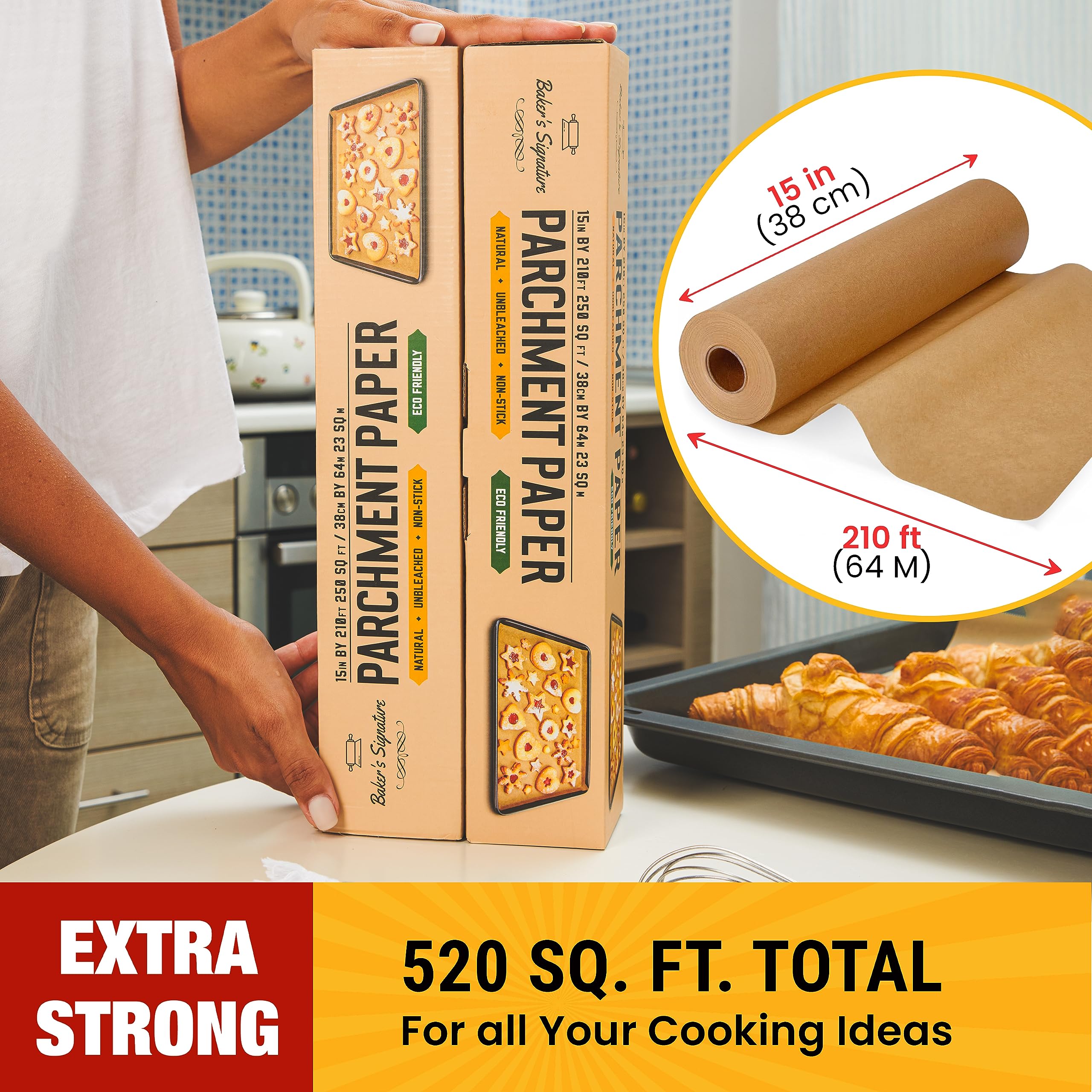Unbleached Parchment Paper for Baking – 2-Pack 520 Sq.Ft Total - 15 in x 210 ft Baking Paper Roll with Cutter, Non-Stick Brown Parchment for Baking, Cooking, Grilling, Steaming by Baker’s Signature