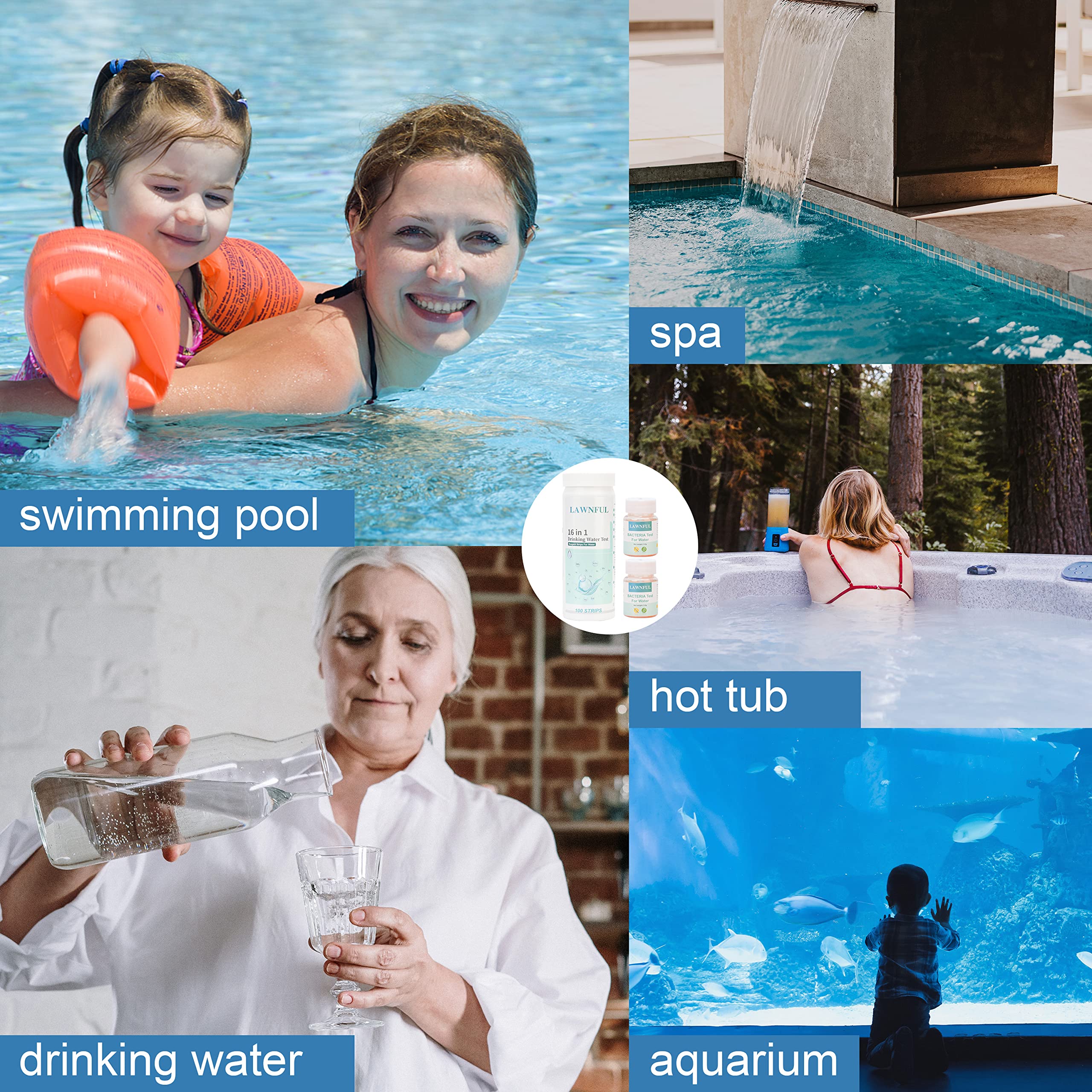 Drinking Water Test Kit, LAWNFUL 17 in 1 Tap & Well Water Test Kit,100 Water Strips+ 2 Bacteria Tests, High Precision Home Water Test Kit Detect Bacteria, pH, Copper, Lead, Iron, Hardness and More