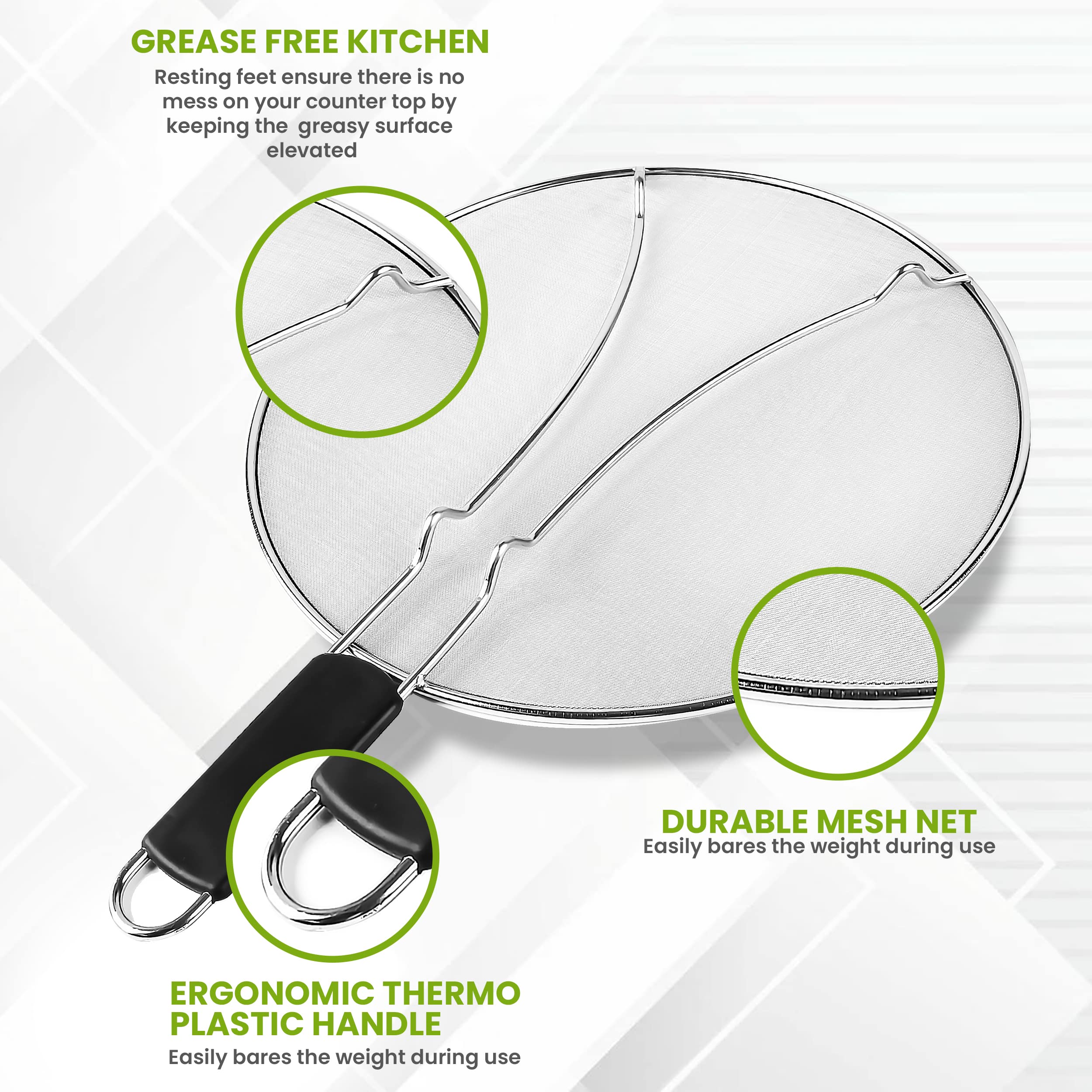13" Grease Splatter Screen for Cooking | Stainless Steel Oil Splatter Guard and Ultra-Fine Mesh Protects Skin from Burns | TPR Tight-Grip Handle (Only Buy from KAFOOR LLC)