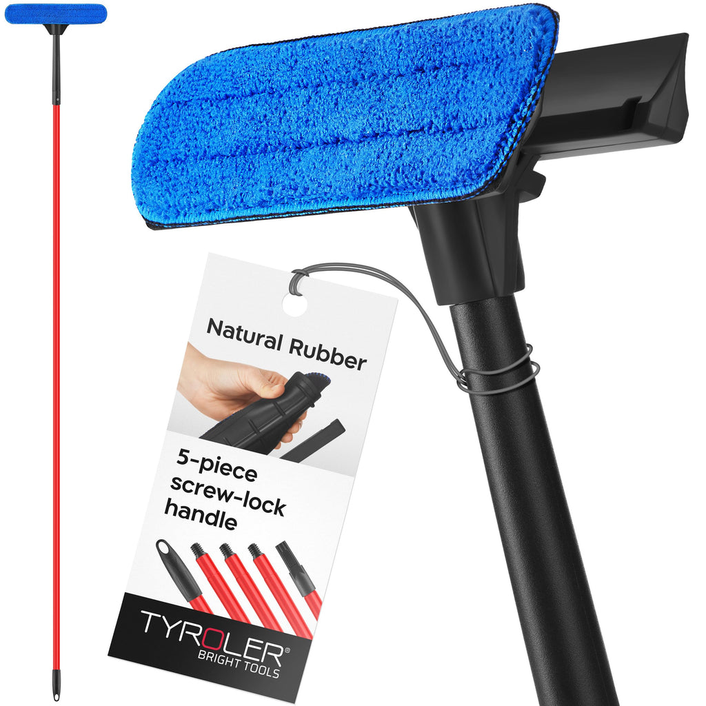 Tyroler 2-in-1 High Window Cleaning Tool | Window Squeegee Extendable with 30-205CM 5 Part Handle | Perfect Window Cleaning & Washing Kit (Black - Rubber)