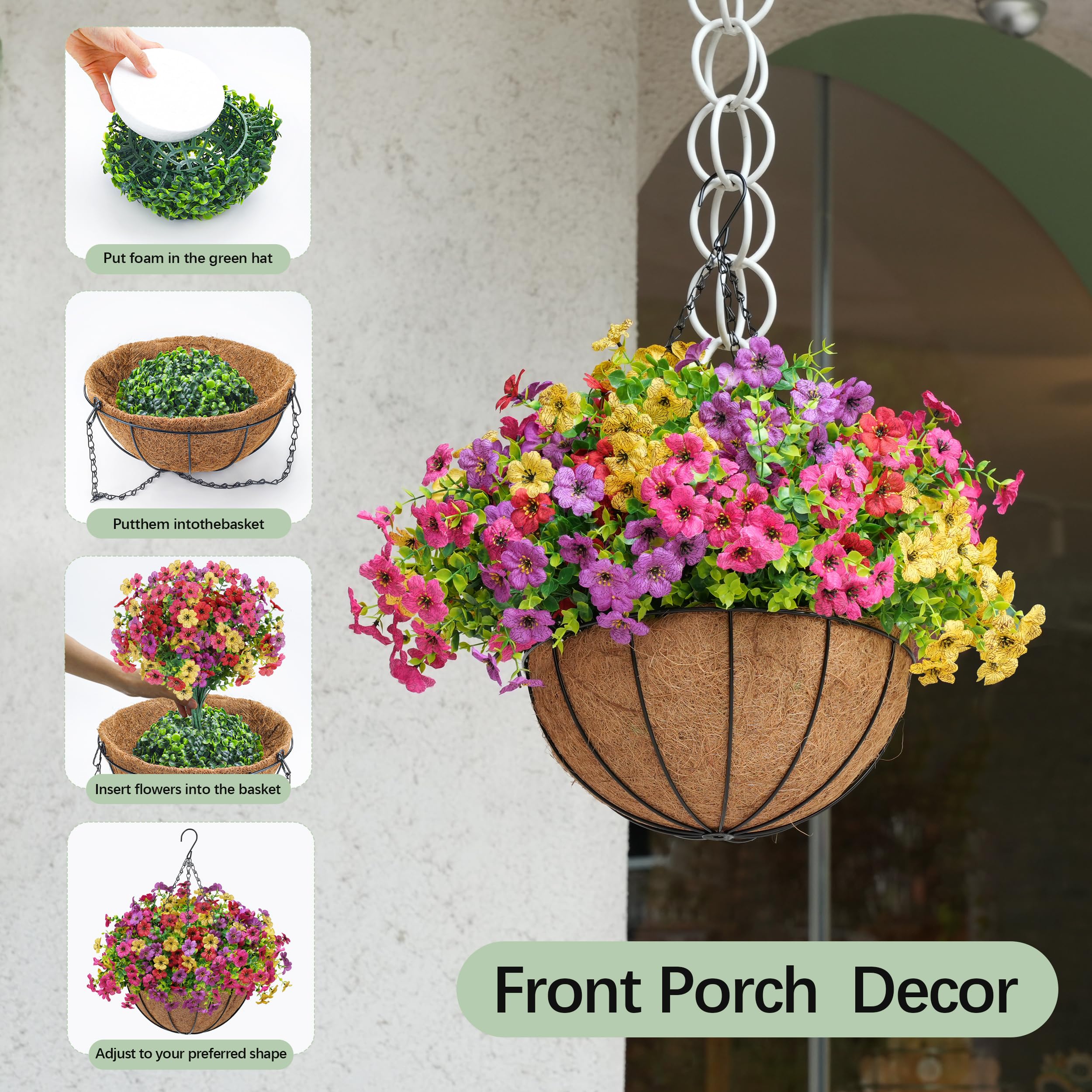 Der Rose Artificial Hanging Flowers Basket for Outdoors Fake Hanging Plants Spring Summer Decoration UV Resistant for Garden Front Porch Patio Balcony Decor