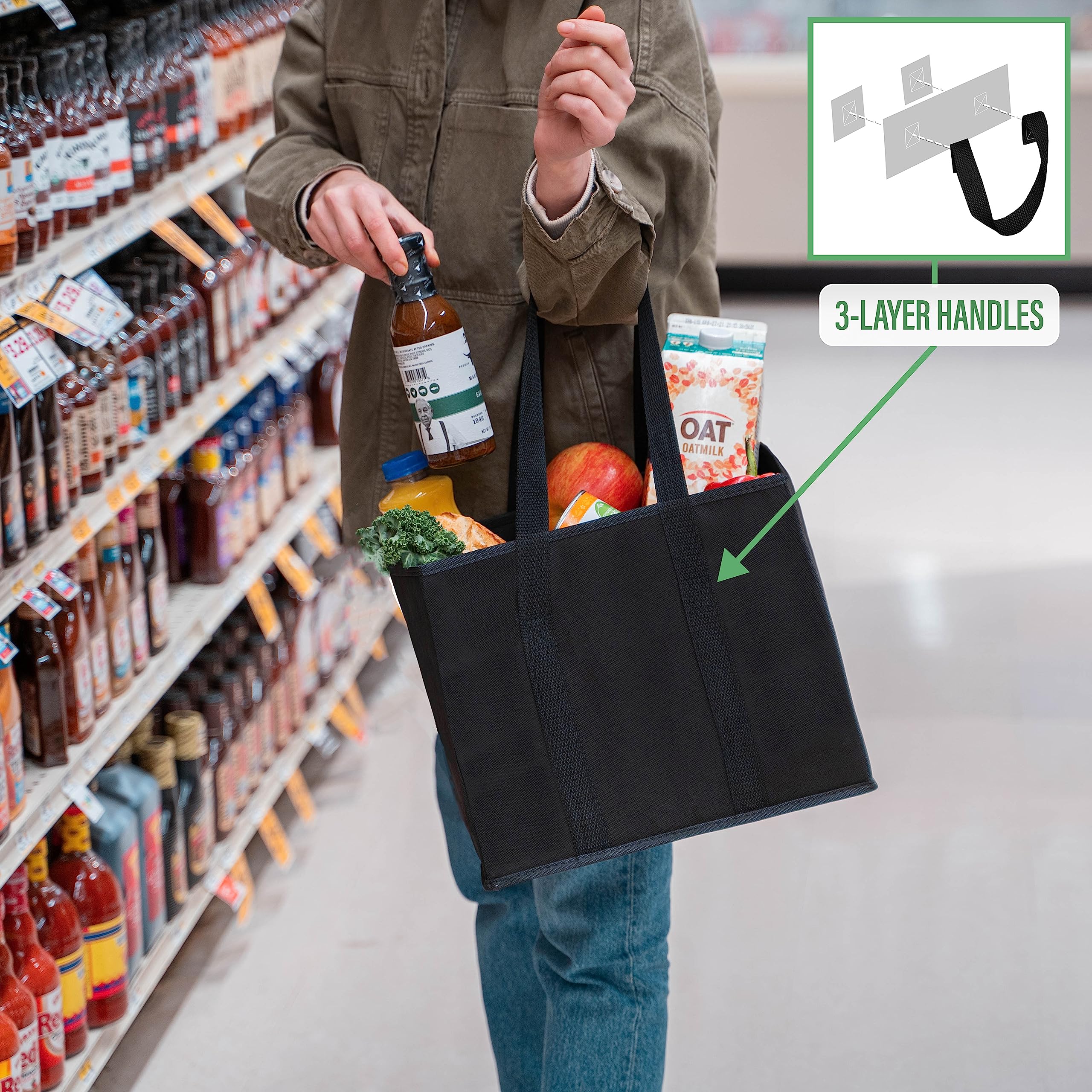 VENO 3-Pack Reusable Grocery Bag, Heavy Duty Shopping Bag, Shopping Cart Organizer, Foldable Grocery Tote Bag with Reinforced Hard Bottom