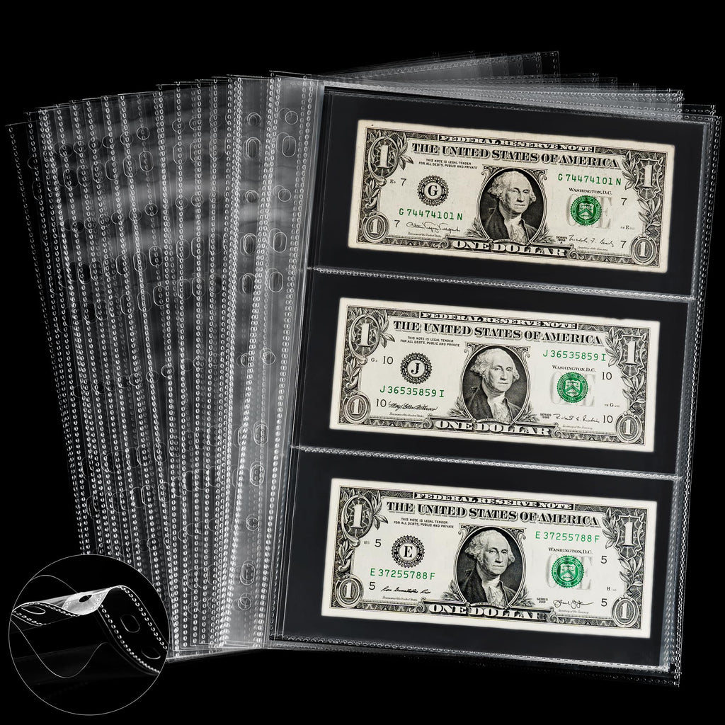 300 Pockets Currency Pages - 50 Sheets Double-Sided Currency Sleeves PP Material Currency Holder Collecting Album Pages for Paper Money Collection PCP0150