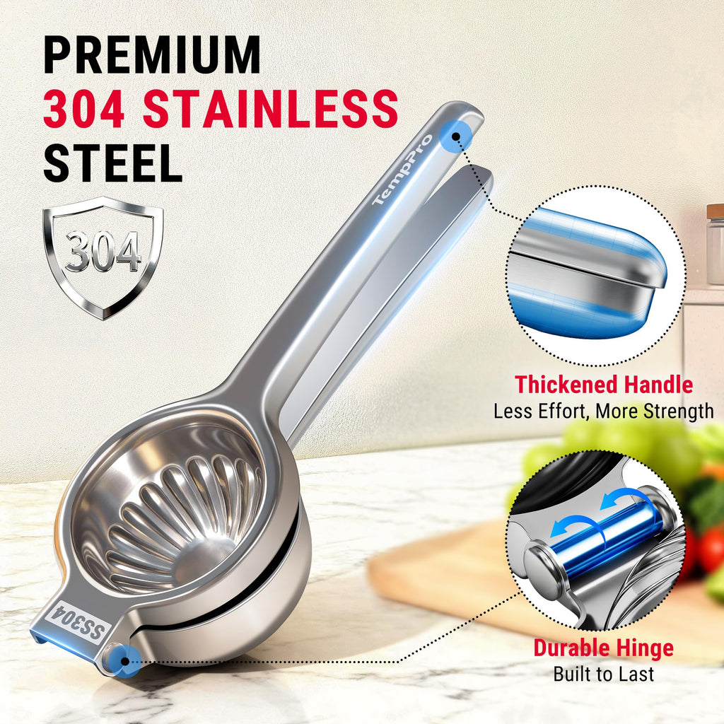 TempPro Lemon Lime Squeezer, 304 Stainless Steel Hand Press Citrus Juicer with Grooved Bowl & 8 Filter Holes, Heavy-Duty Hinged Handle, High Juice Yield, Easy to Use & Dishwasher Safe