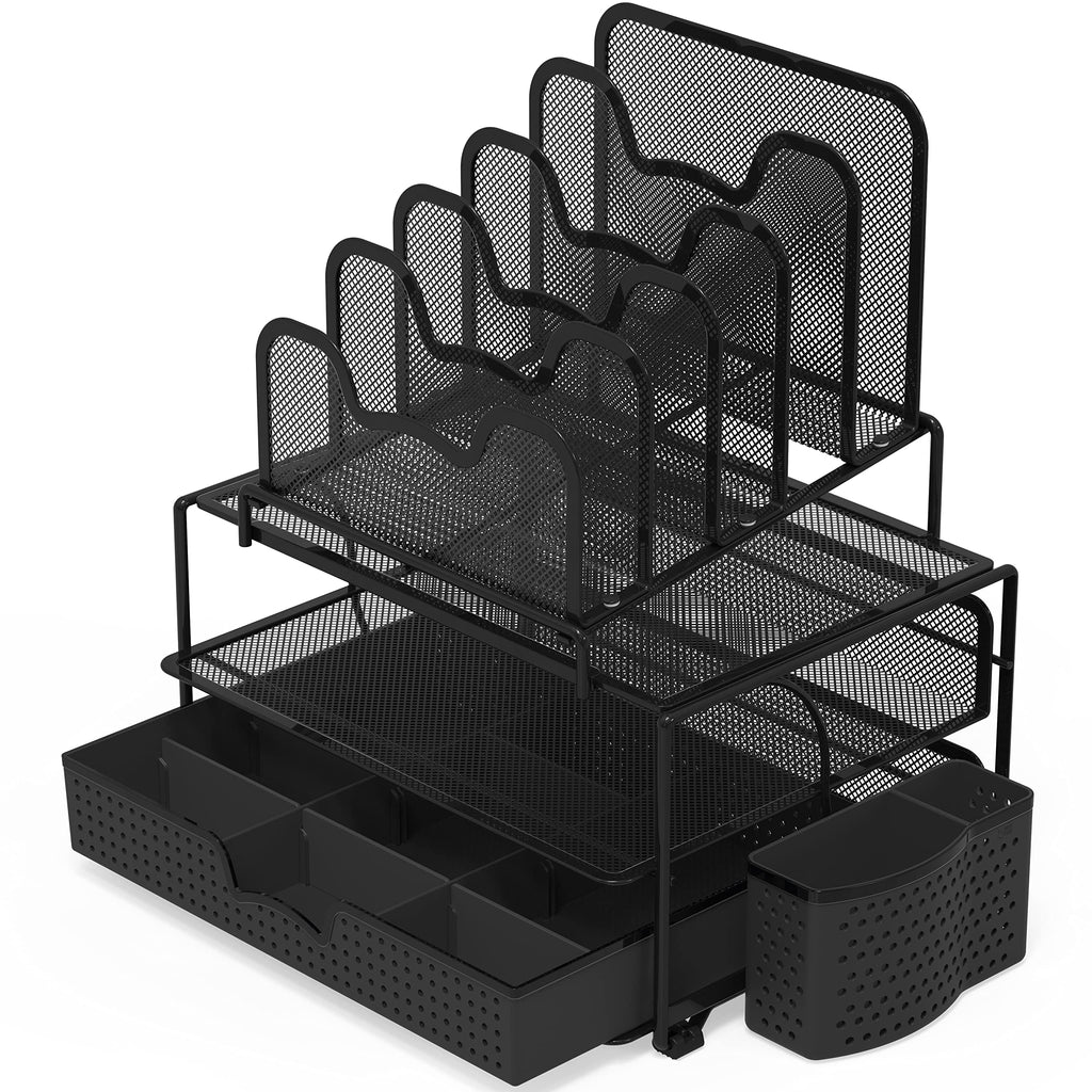 SimpleHouseware Mesh Desk Organizer with Sliding Drawer, Double Tray and 5 Stacking Sorter Sections, Black
