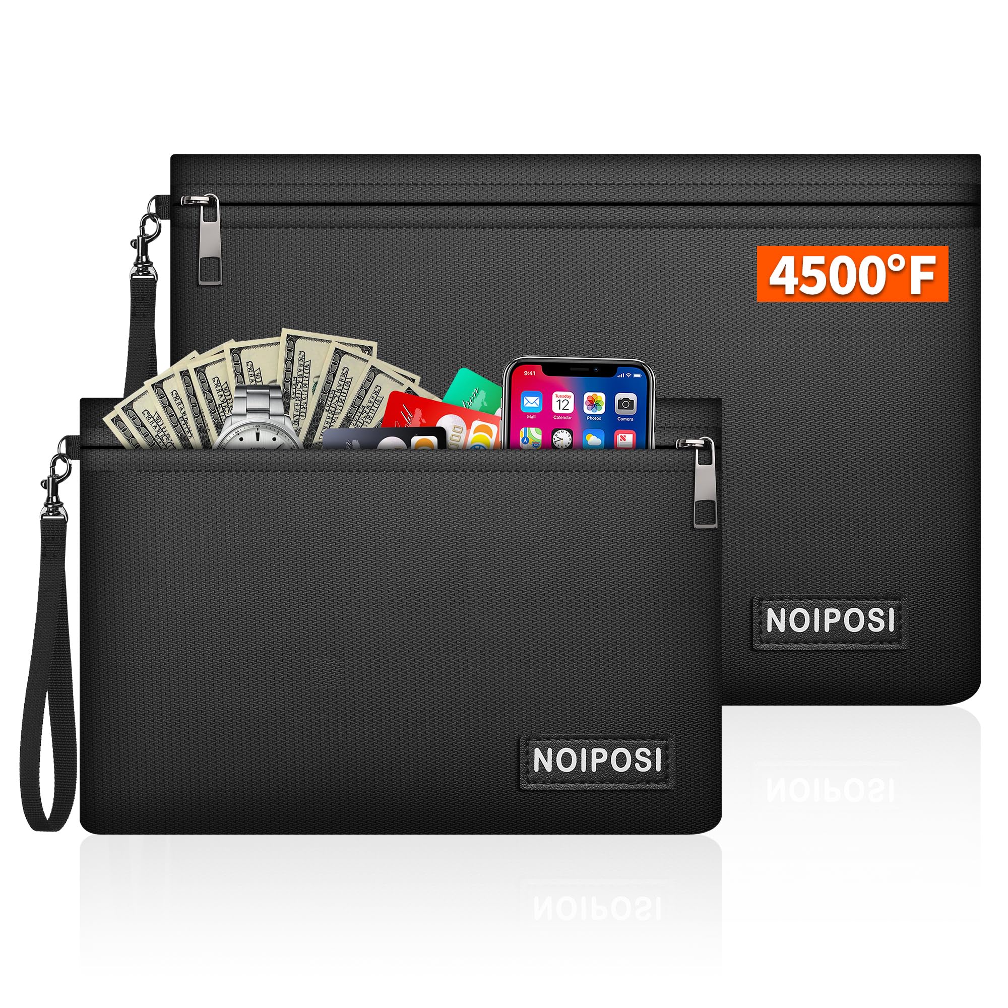 Noiposi Fireproof Document Bags (2 Set, 4500℉), 14.17"x10.43" FirePoof Storage & Water-Resistant Pouch for Important Papers, 11" x7.67" Fire Proof Money Bag for Cash | Passports | Valuables