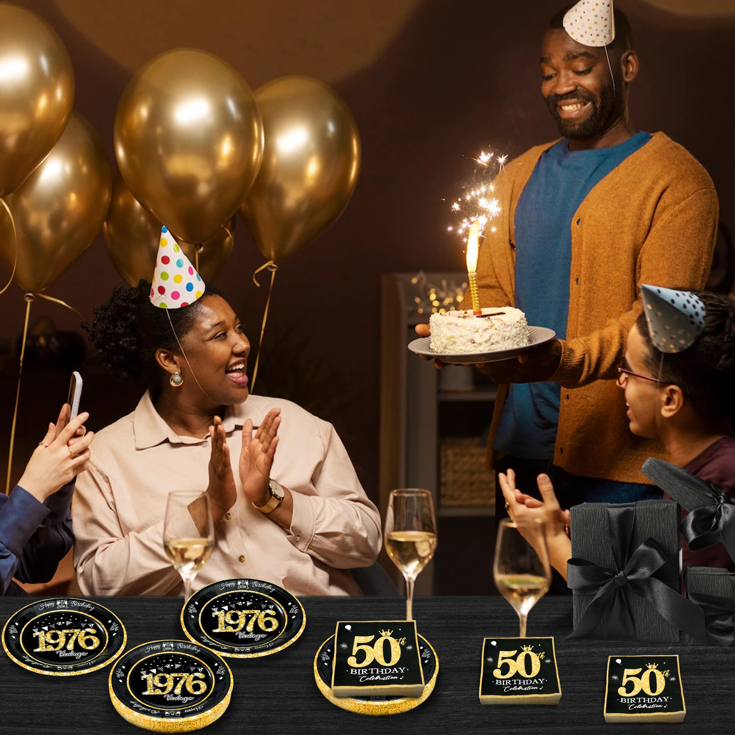 algpty 60 PCS Vintage 50th Birthday Plates and Napkins Set, 50th Birthday Decorations Black and Gold, Service for 30, 1976 Dessert Plates and Napkins Party Supplies for Men Women