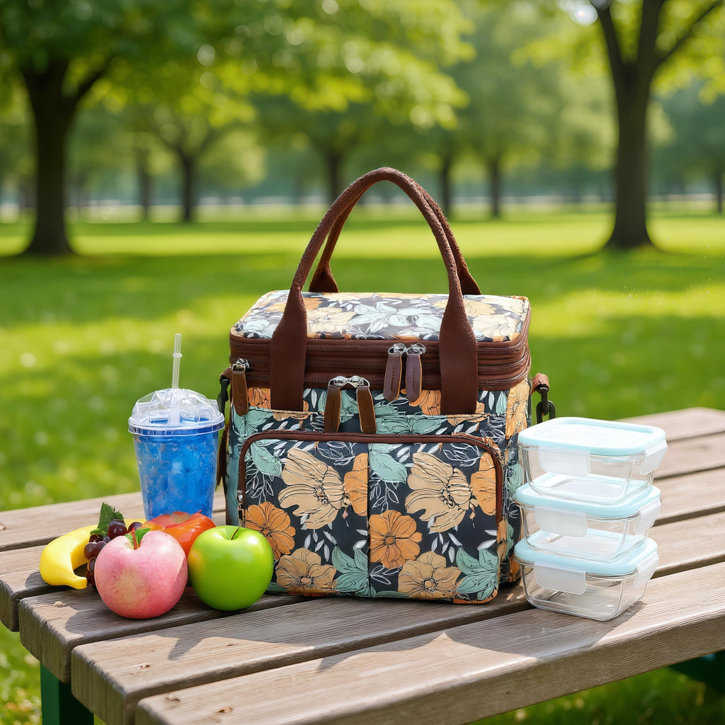 Expandable Insulated Lunch Bag for Women & Men - Large Leakproof Cooler Tote with 8 Pockets(Yellow Flowers)