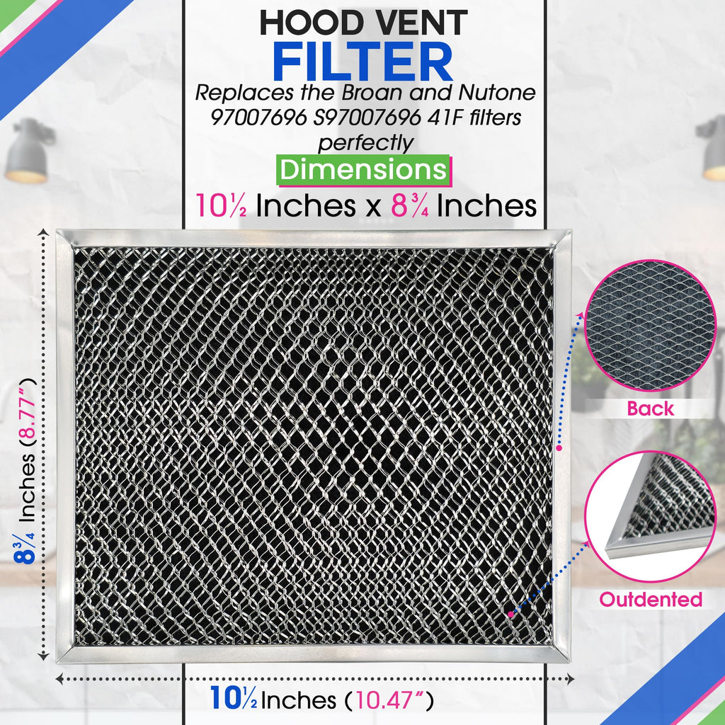 Stove Hood Vent Filter 10.5" x 8.8" 41F 97007696 Fit's Nutone & Broan Range Hood Filter Replacement for Ductless Exhaust Fan - Mesh Screen Filters Grease & Carbon Freshens Kitchen Oven Air (2-Pack)