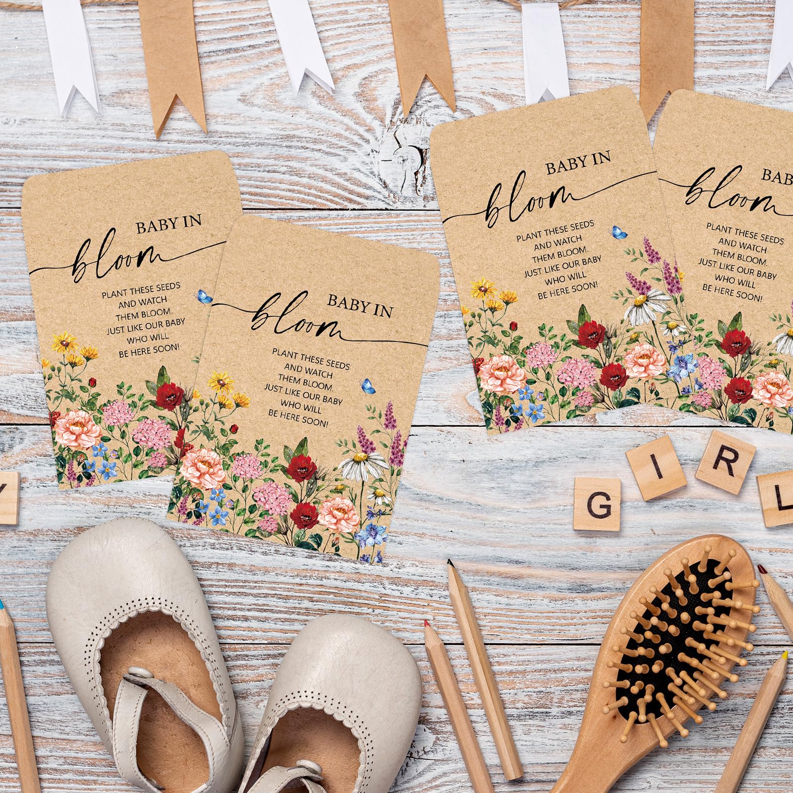 JarThenaAMCS 100Pcs Baby Shower Seed Packets Wildflower Self Adhesive Kraft Envelopes with Thank You Tags Baby in Bloom Seed Storage Pockets for Garden Party Favors Supplies