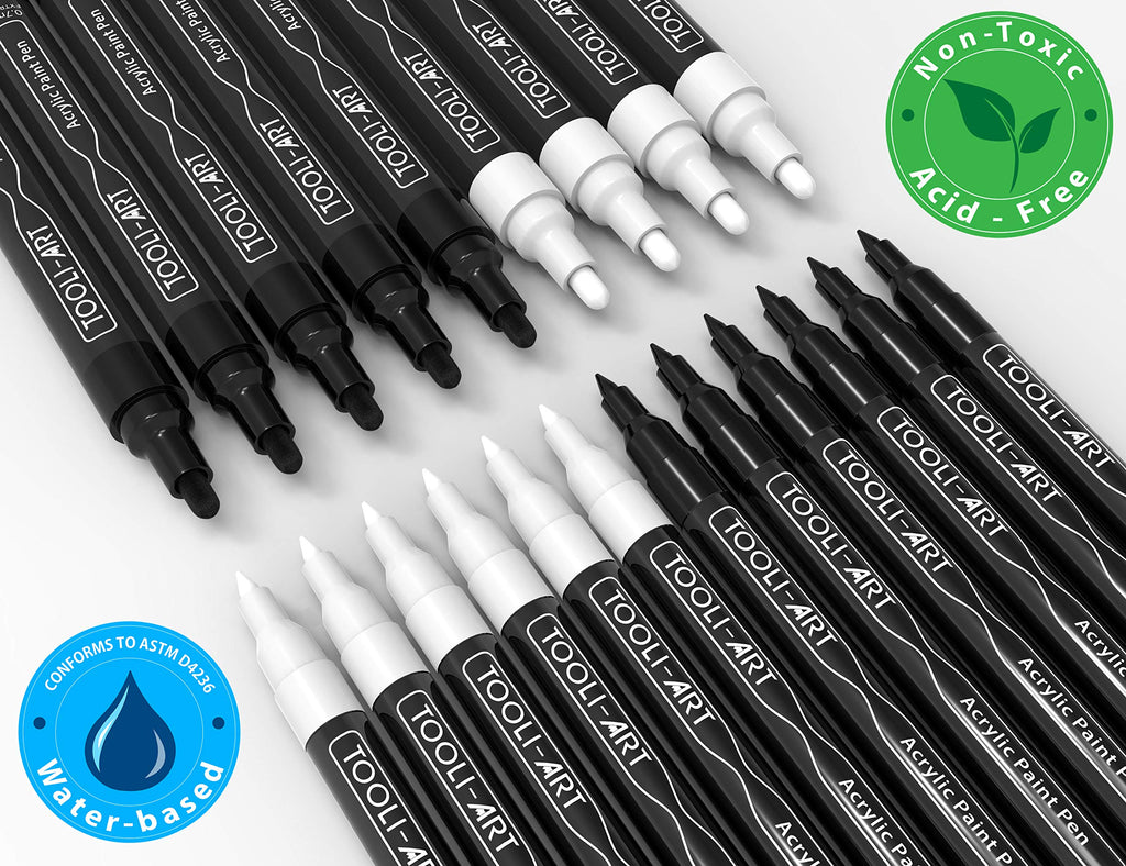 TOOLI-ART Black And White Acrylic Paint Markers Paint Pens Set For Rock Painting, Canvas, Mugs, Metal, Glass Paint, Fabric, Wood, DIY. Non Toxic, Quick Dry,Waterbas (EXTRA FINE & MEDIUM)