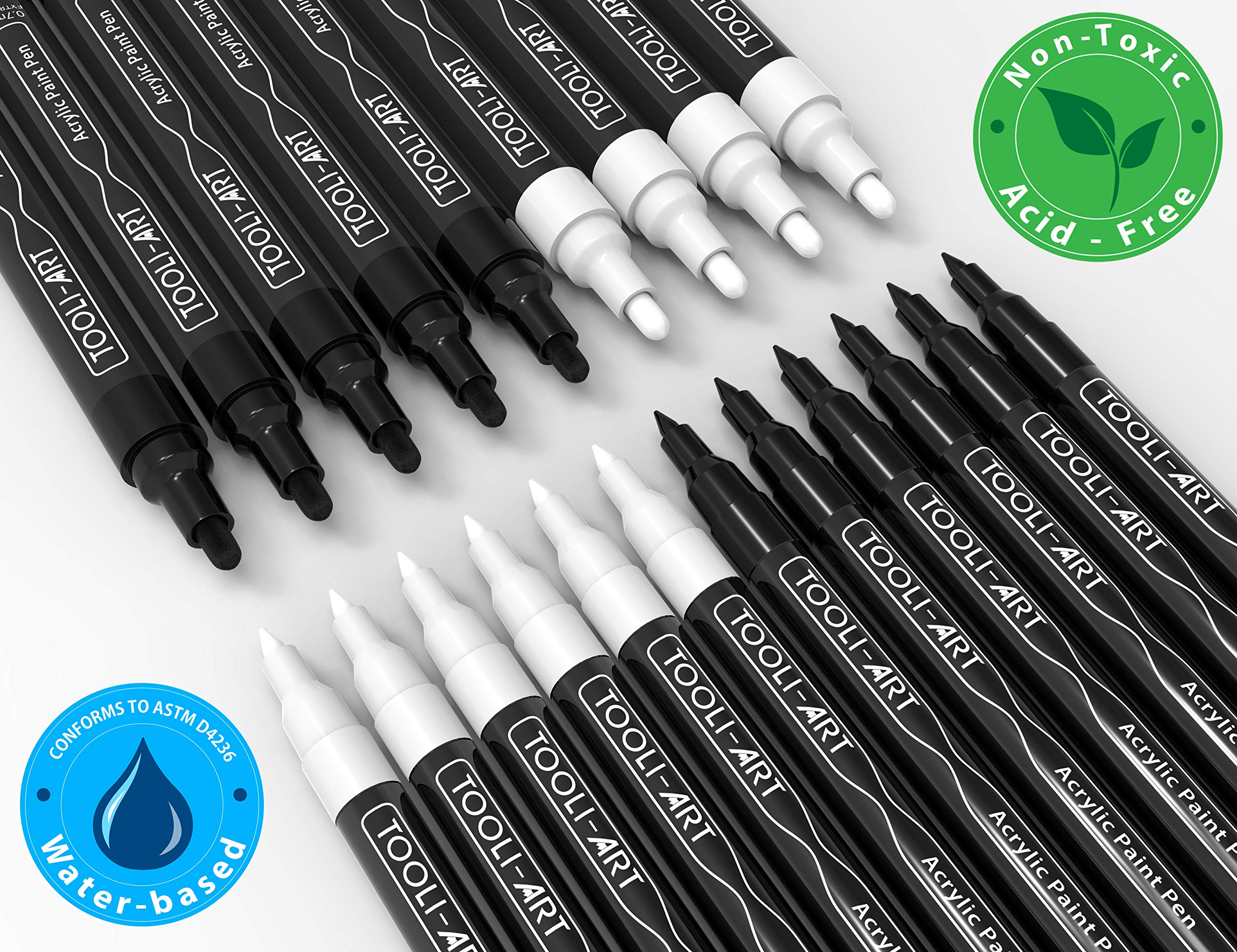 TOOLI-ART Black And White Acrylic Paint Markers Paint Pens Set For Rock Painting, Canvas, Mugs, Metal, Glass Paint, Fabric, Wood, DIY. Non Toxic, Quick Dry,Waterbas (EXTRA FINE & MEDIUM)