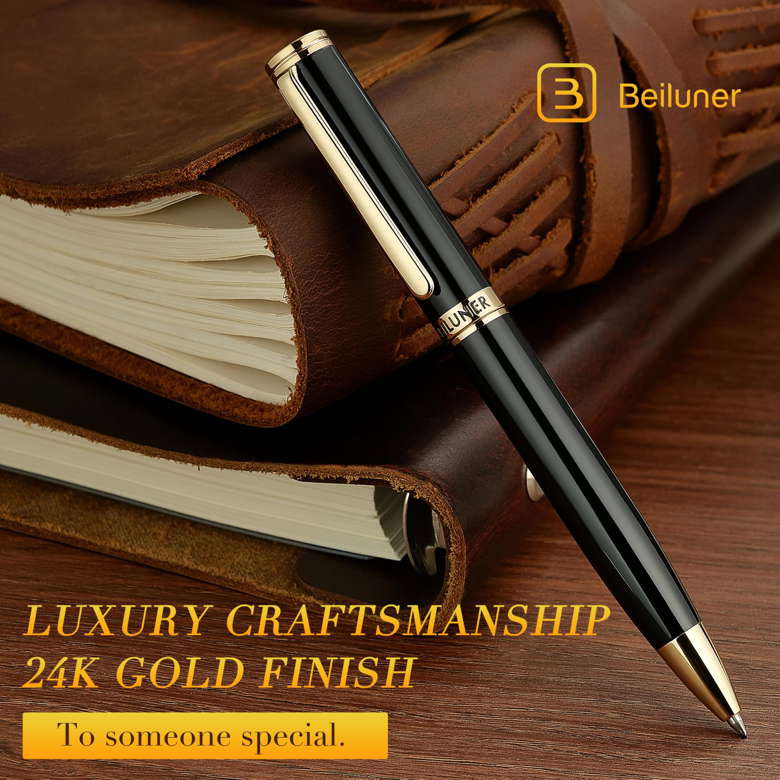 BEILUNER Luxury Gel Pen with 24K Gold Finish, Black Piano Lacquer, Luxury Grade Craftsmanship, Best Pen Gift Set for Men and Women, Professional, Executive, Office, Retractable Nice Pens