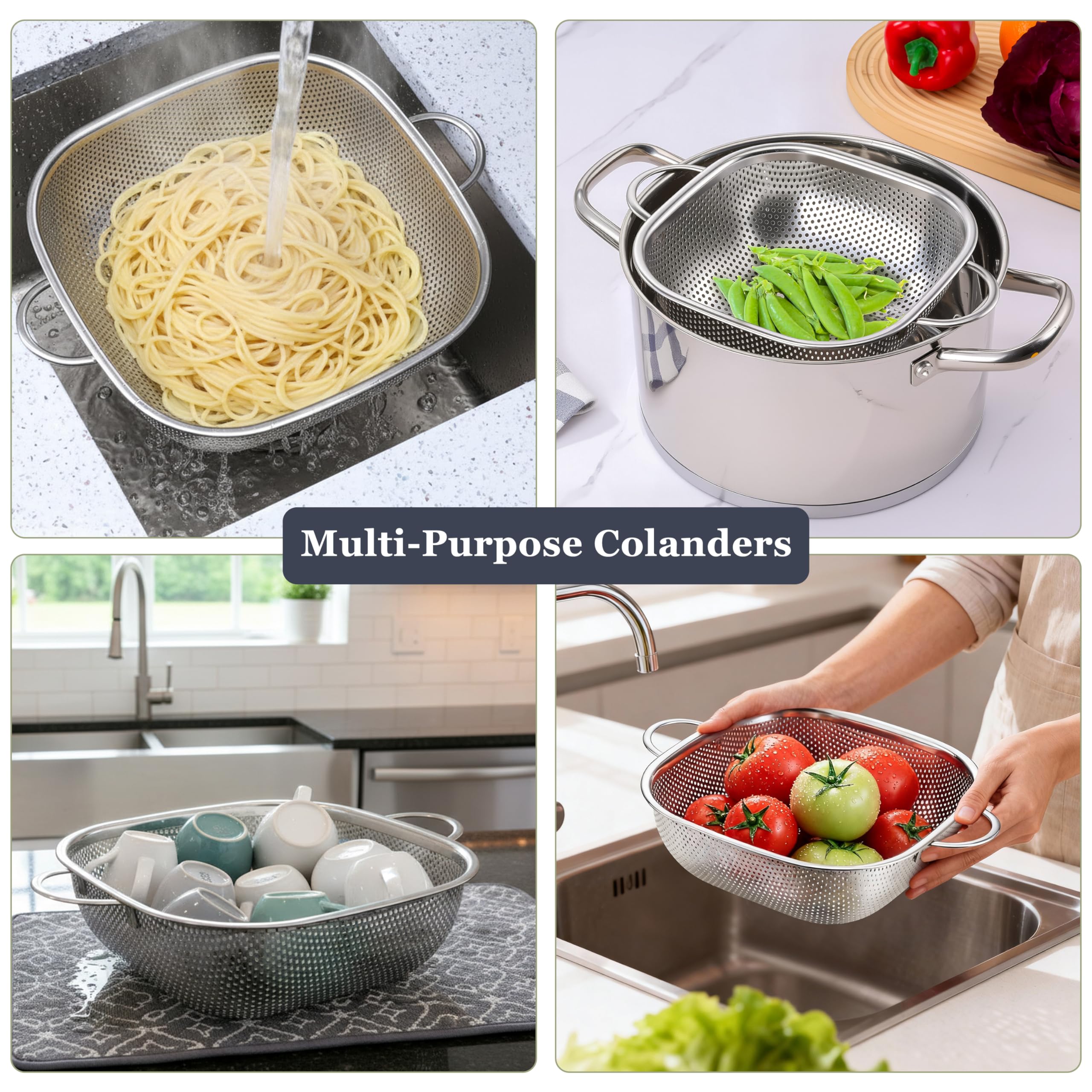 E-far 3 Pack Colander for Kitchen, Square Stainless Steel Metal Strainer Colander with Handle for Draining Food Pasta Vegetable, Micro-Perforated & Elevated Feet, Dishwasher Safe(2.4/4/6QT)