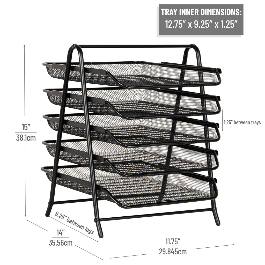 Mind Reader 5-Tier Paper Tray Organizer, Vertical Desktop File Storage Rack, Office, Metal Mesh, Black
