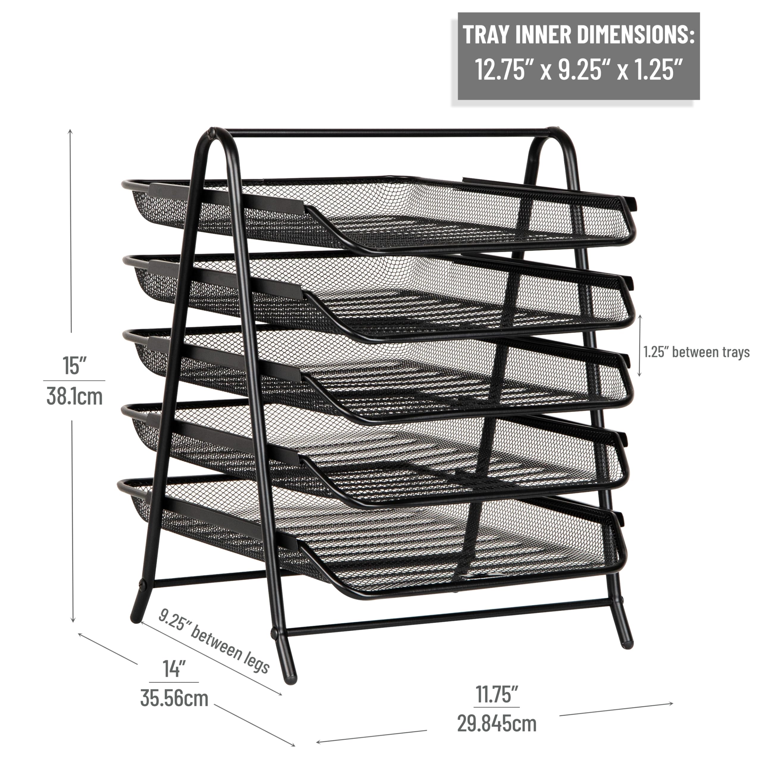 Mind Reader 5-Tier Paper Tray Organizer, Vertical Desktop File Storage Rack, Office, Metal Mesh, Black