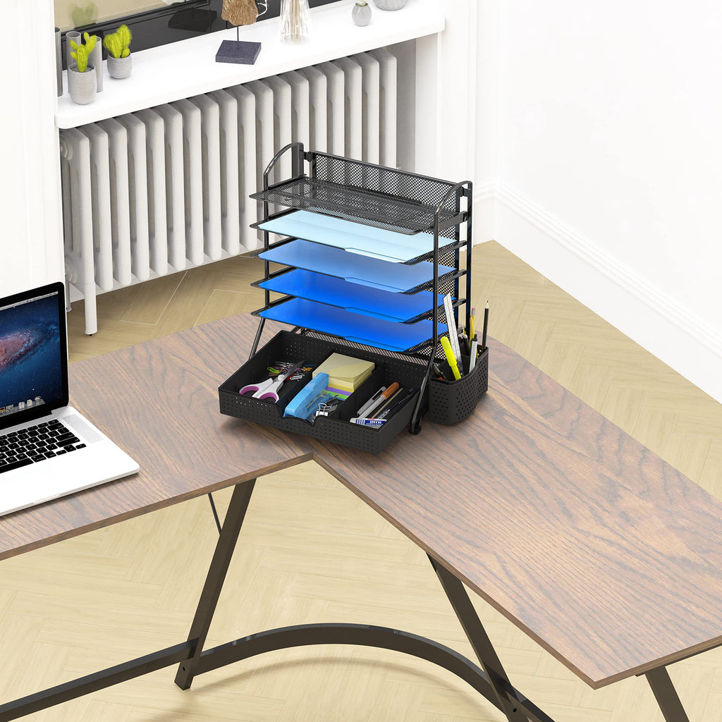 Simple Houseware 6 Trays Desk Document File Tray Organizer with Sliding Drawer, Black