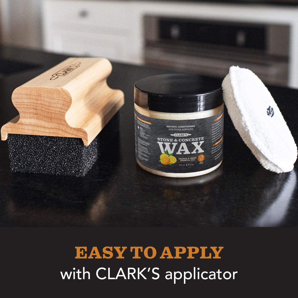 CLARK'S Finishing Kit for Soapstone - Slate and Concrete Countertops Wax- Includes Wax - Large Applicator and Buffing Pad - Carnauba Wax Food Grade (6oz) - Enriched with Natural Lemon & Orange Extract