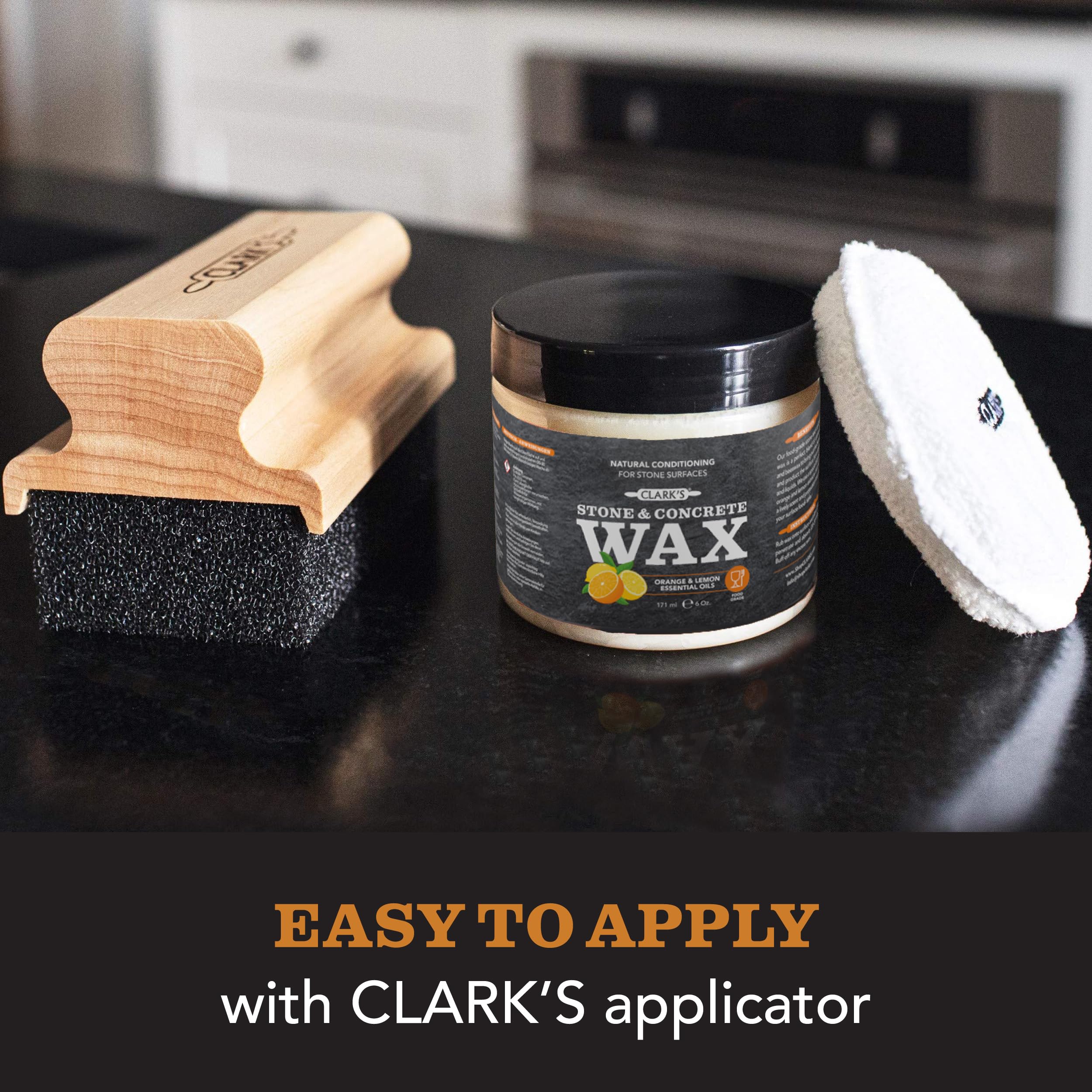 CLARK'S Finishing Kit for Soapstone - Slate and Concrete Countertops Wax- Includes Wax - Large Applicator and Buffing Pad - Carnauba Wax Food Grade (6oz) - Enriched with Natural Lemon & Orange Extract