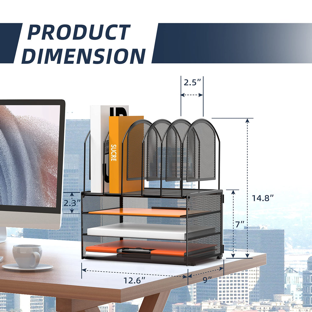 DALTACK 3-Tier Mesh Desk File Organizer, Stackable Letter Tray with 5 Vertical File Holders, Multifunction Desktop Organizer for Home Office Supplies, Grey Black