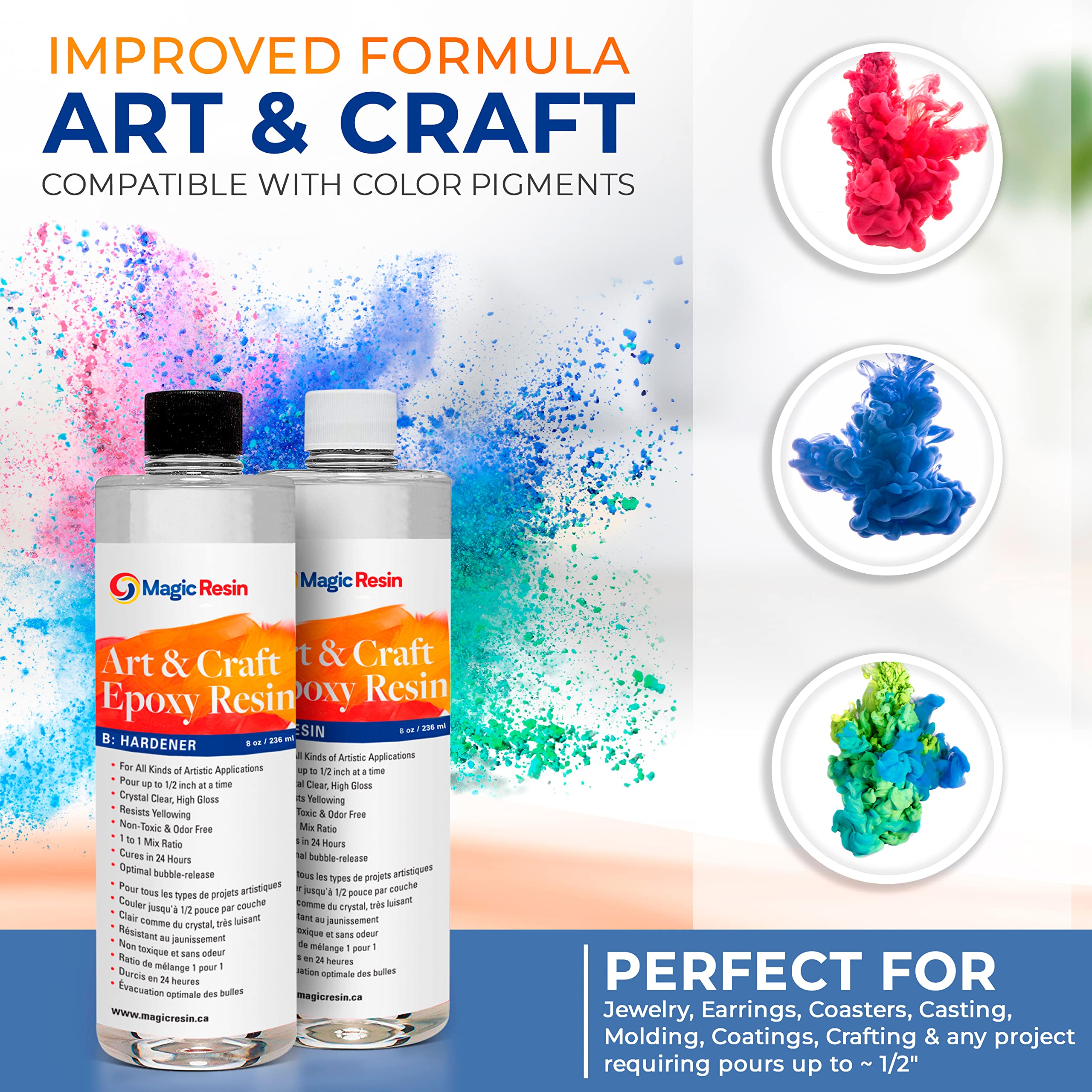 Epoxy Resin Kit for Art & Craft | 16oz (473ml) | UV Resistant | Clear Epoxy Resin | Jewelry, Earrings, Coasters, Casting, Molding, Crafting & more | Includes 2 pairs of gloves, 2 cups, 4 sticks & mica