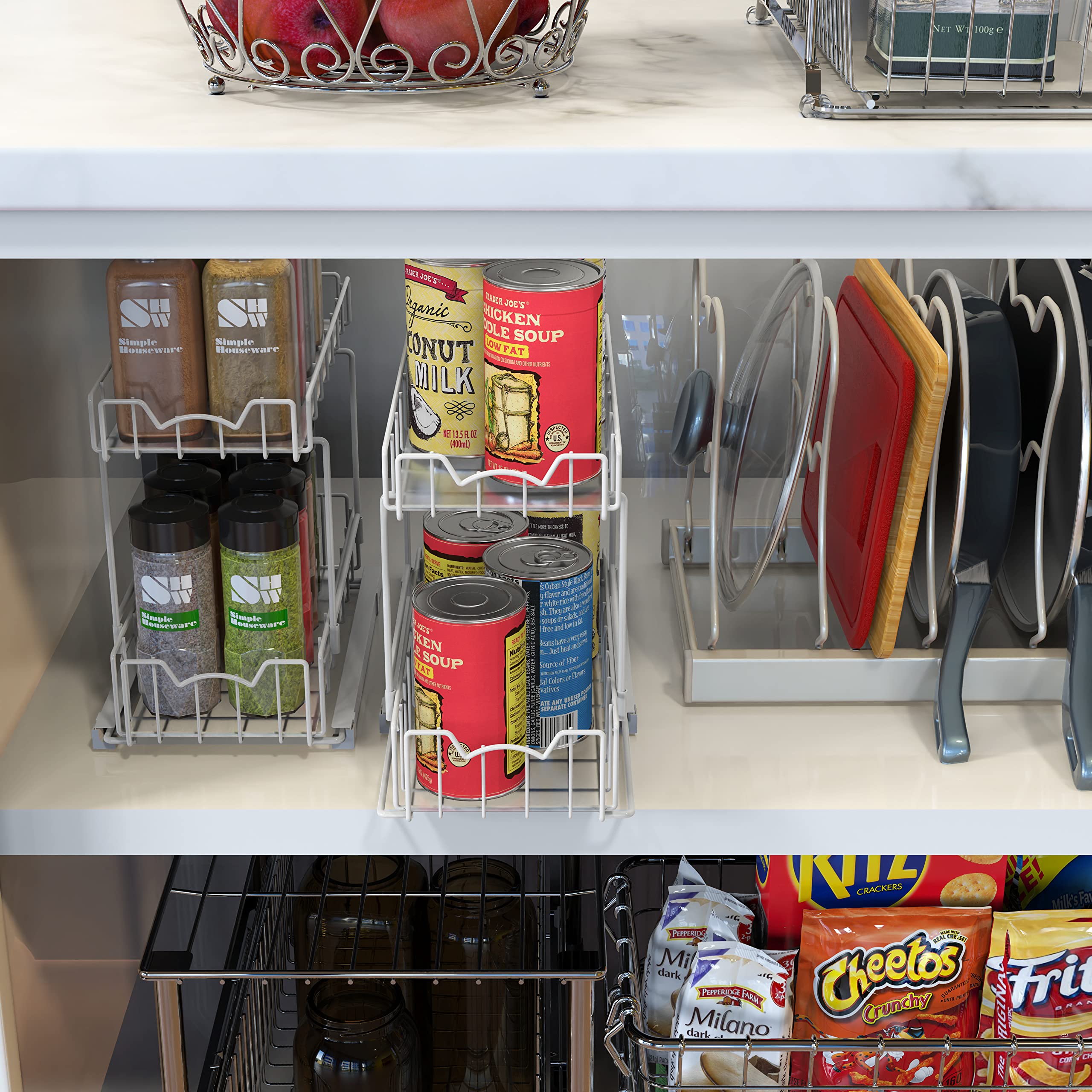 Simple Houseware 2-Tier Spice Rack Slide Out Wire Basket Drawer Organizer for Cupboard and Kitchen, White