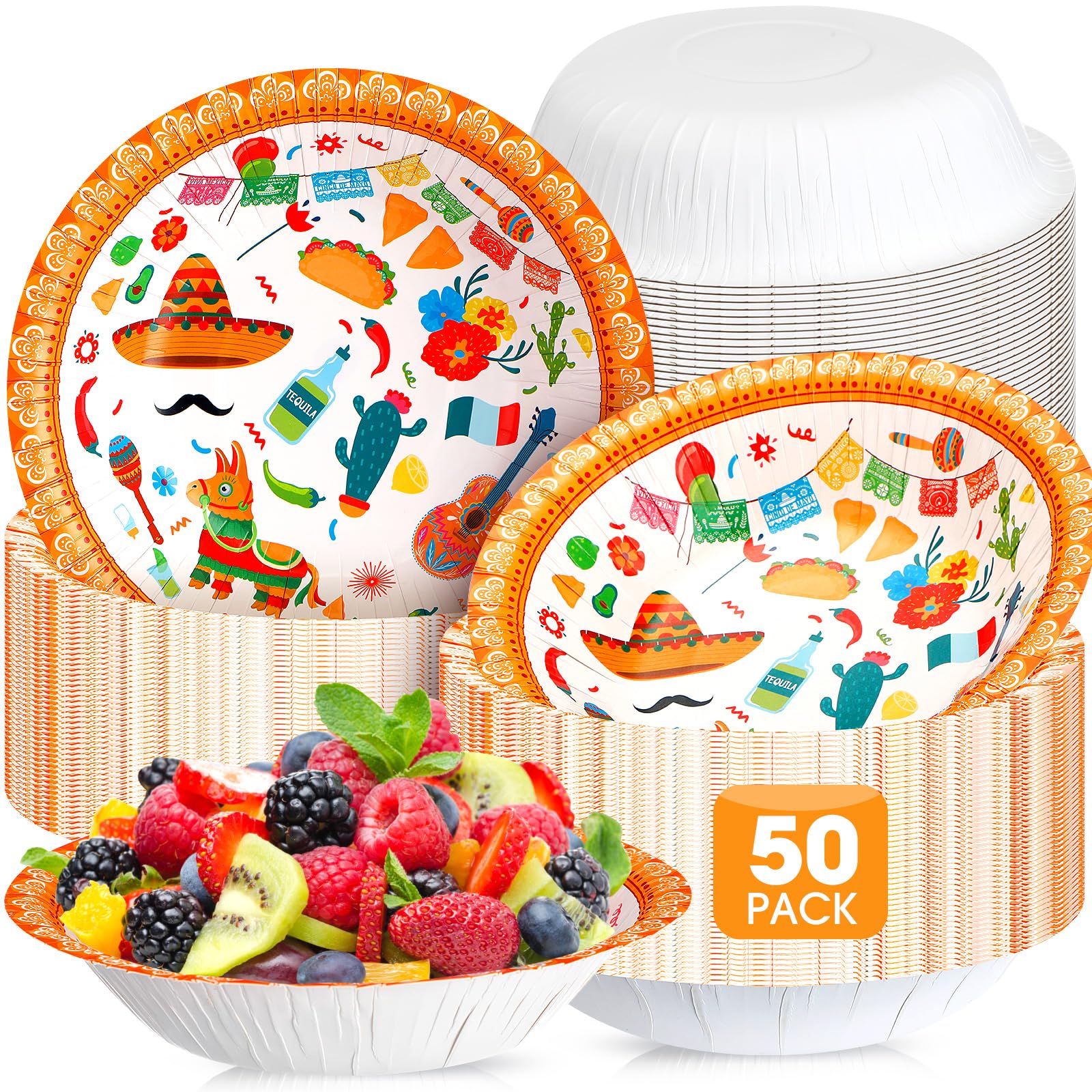 Skybooly 50 Pcs 16 oz Fiesta Bowls Disposable Mexican Party Serving Paper Bowls 7 Inch Cinco De Mayo Heavy Duty Paper Plates for Soup Salad Ramen Birthday Party Decorations