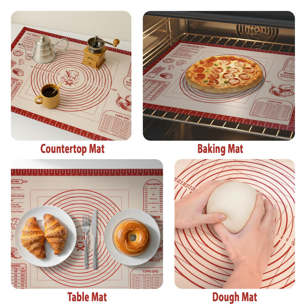 Silicone Baking Pastry Dough Mat - Non Slip Rolling Mat with Measurement Guides, Thick Reusable Kneading Board for Bread, Pizza, Cookies, Fondant, Nonstick Baking Sheet for Kitchen Counter, 20x28inch