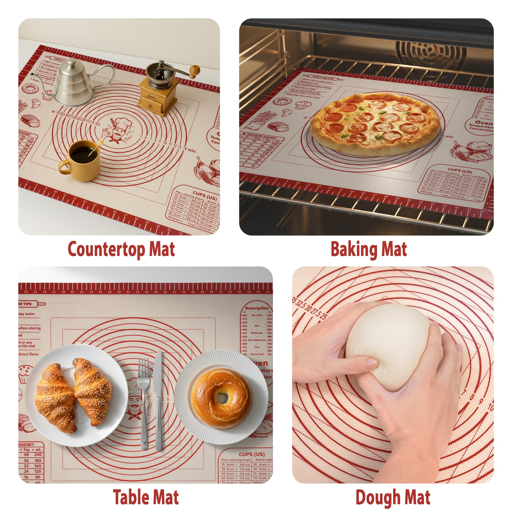 Silicone Baking Pastry Dough Mat - Non Slip Rolling Mat with Measurement Guides, Thick Reusable Kneading Board for Bread, Pizza, Cookies, Fondant, Nonstick Baking Sheet for Kitchen Counter, 20x28inch