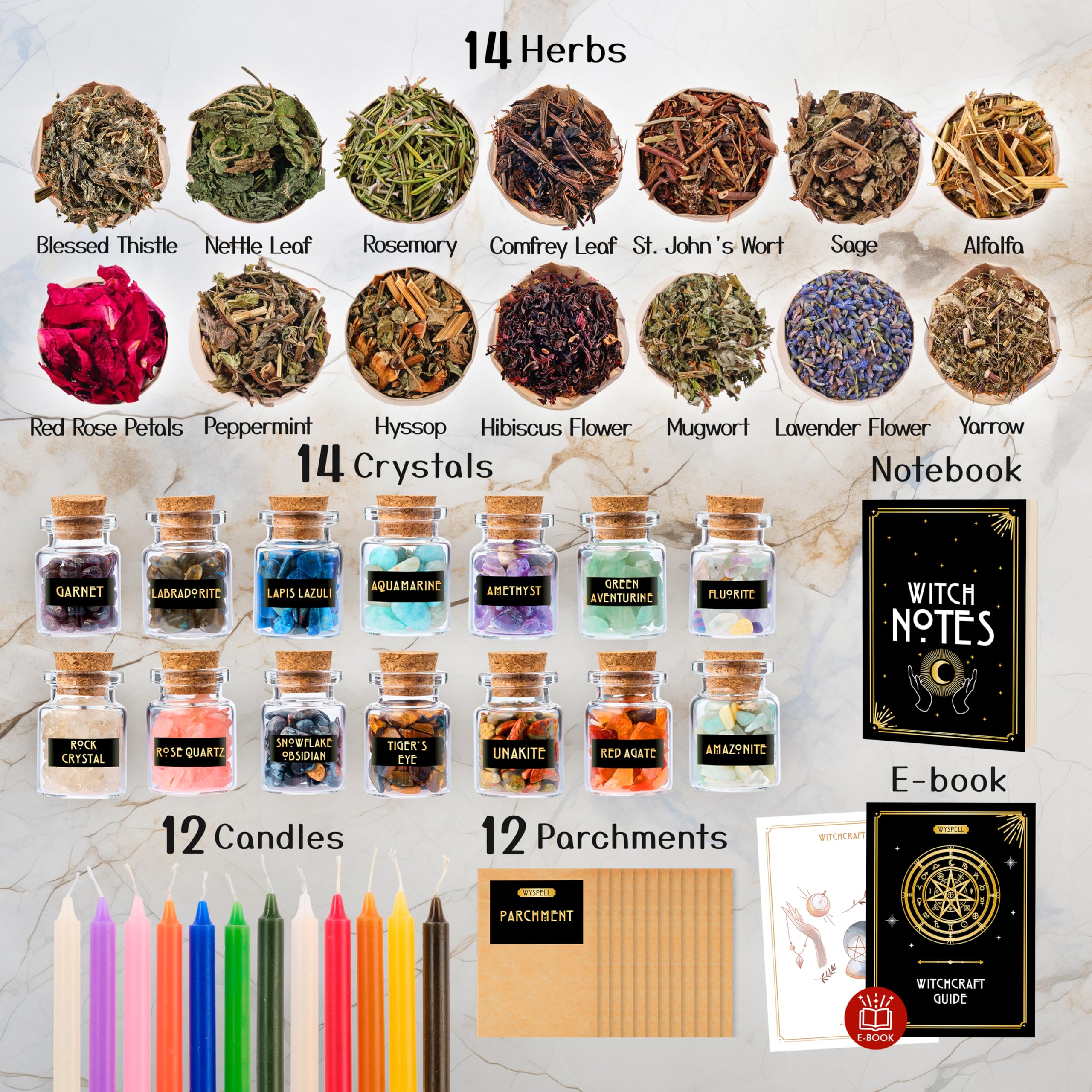 Wyspell Witchcraft Supplies Kit - 54PCS - Witch Kit for Altar: Spell Candles, Dried Herbs, Healing Crystals in Jars - Wiccan Supplies & Tools - Witchy Gifts for Beginners